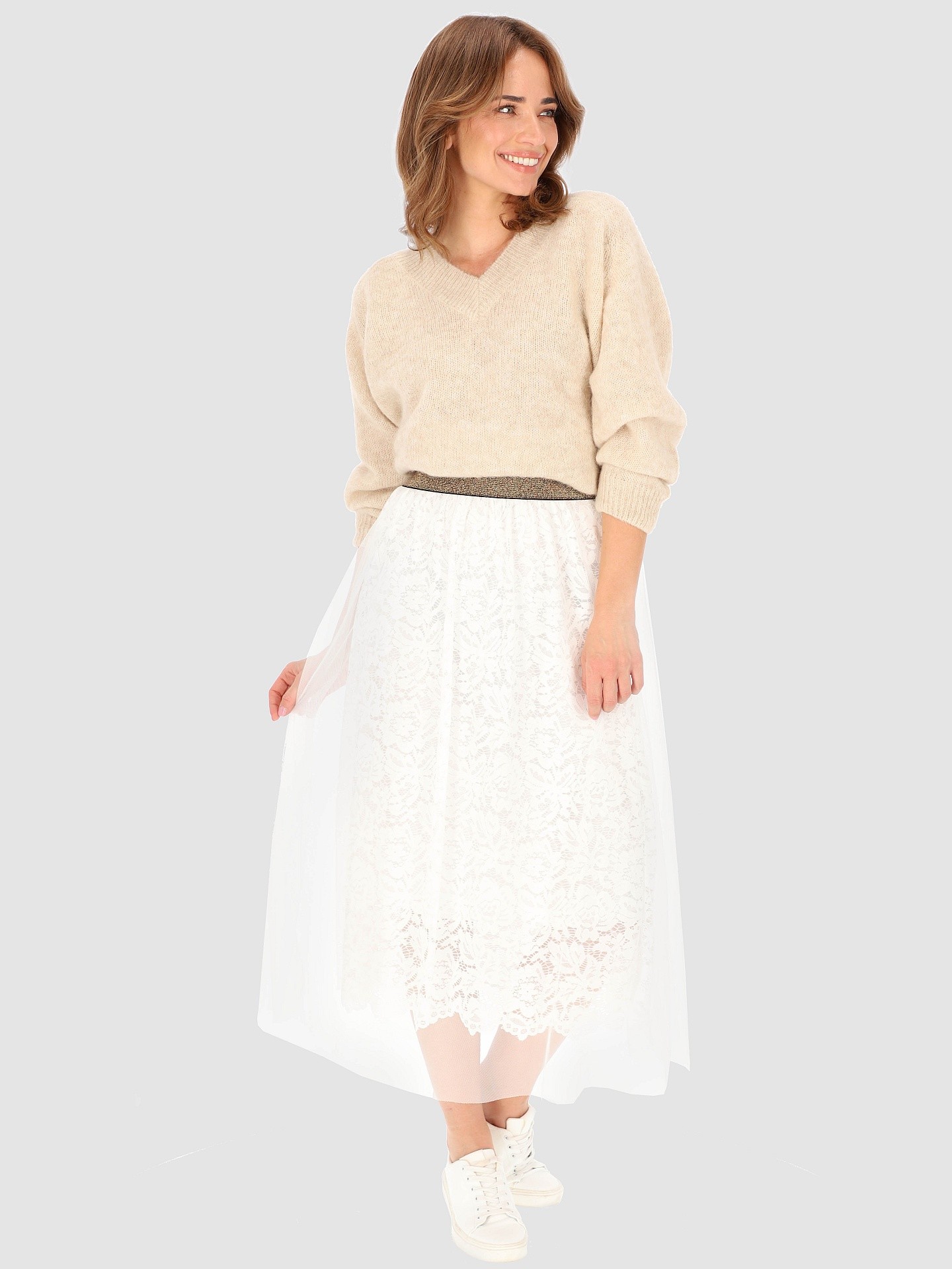 PERSO Дамска дантелена миди пола с подплата