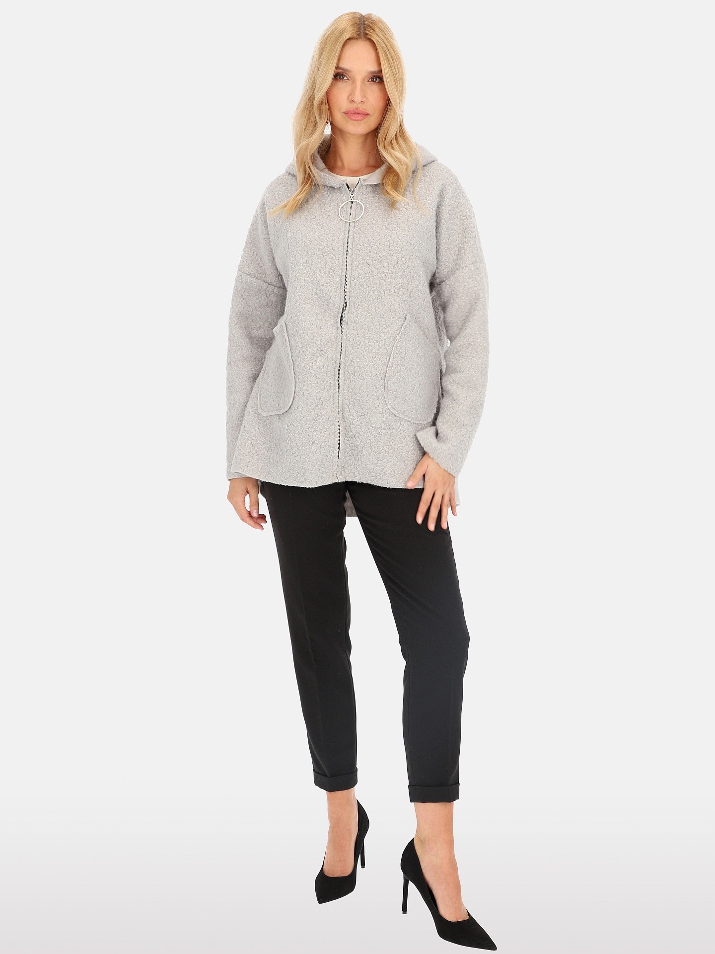 PERSO Woman's Women's jacket with a hood made of shearling fabric , light gray color