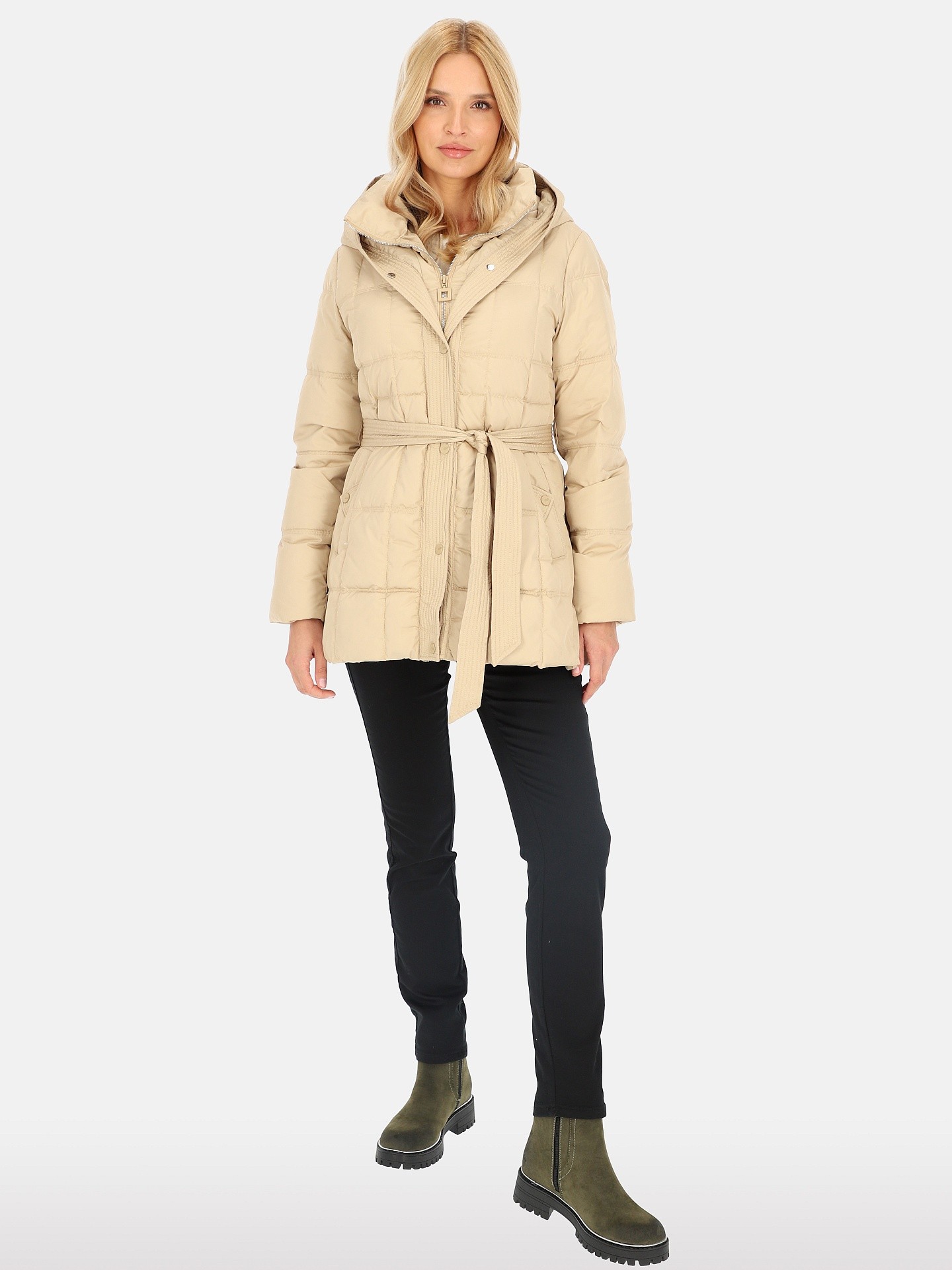 PERSO Woman's Women's short tied real down jacket with a hood , beige color