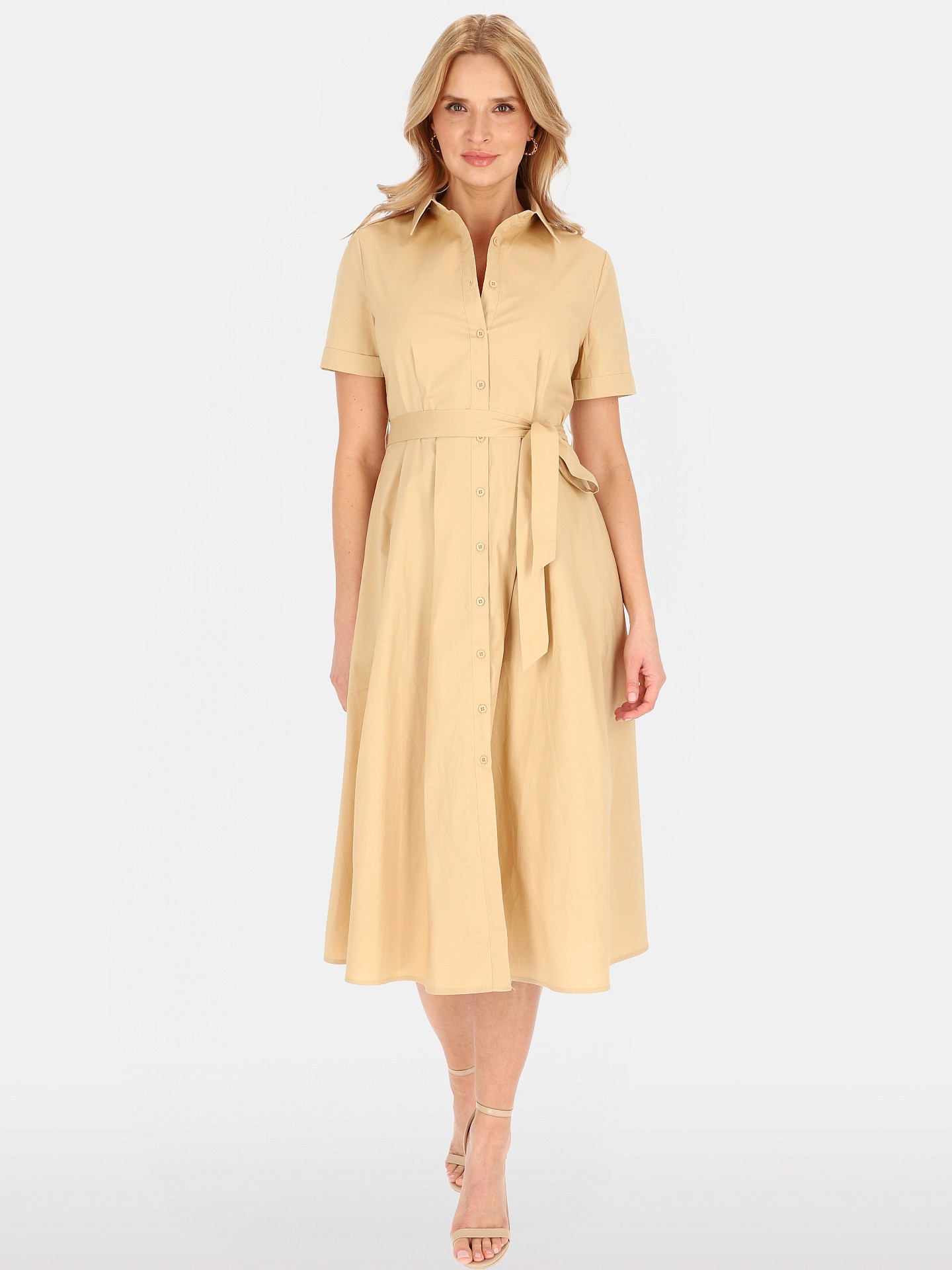 Дамска бежова миди рокля с копчета