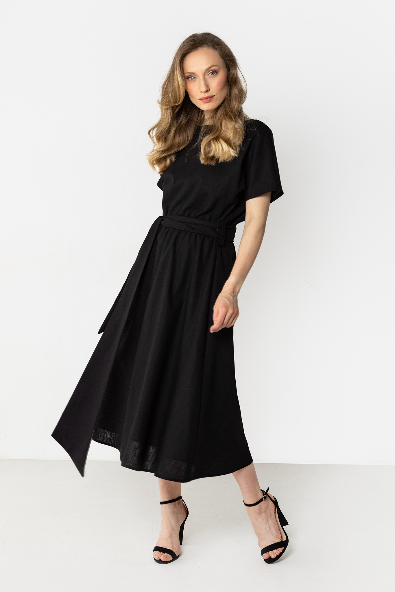 Linen Midi Šaty s viazaním v páse