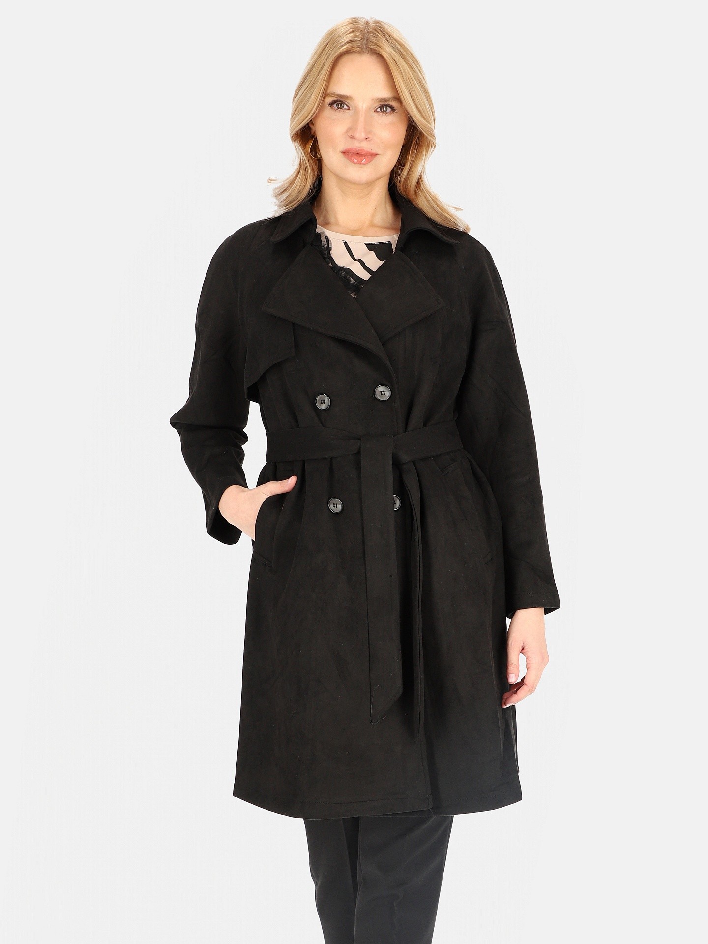 Дамски двуредно закопчаващ се тренчкот от изкуствен велур