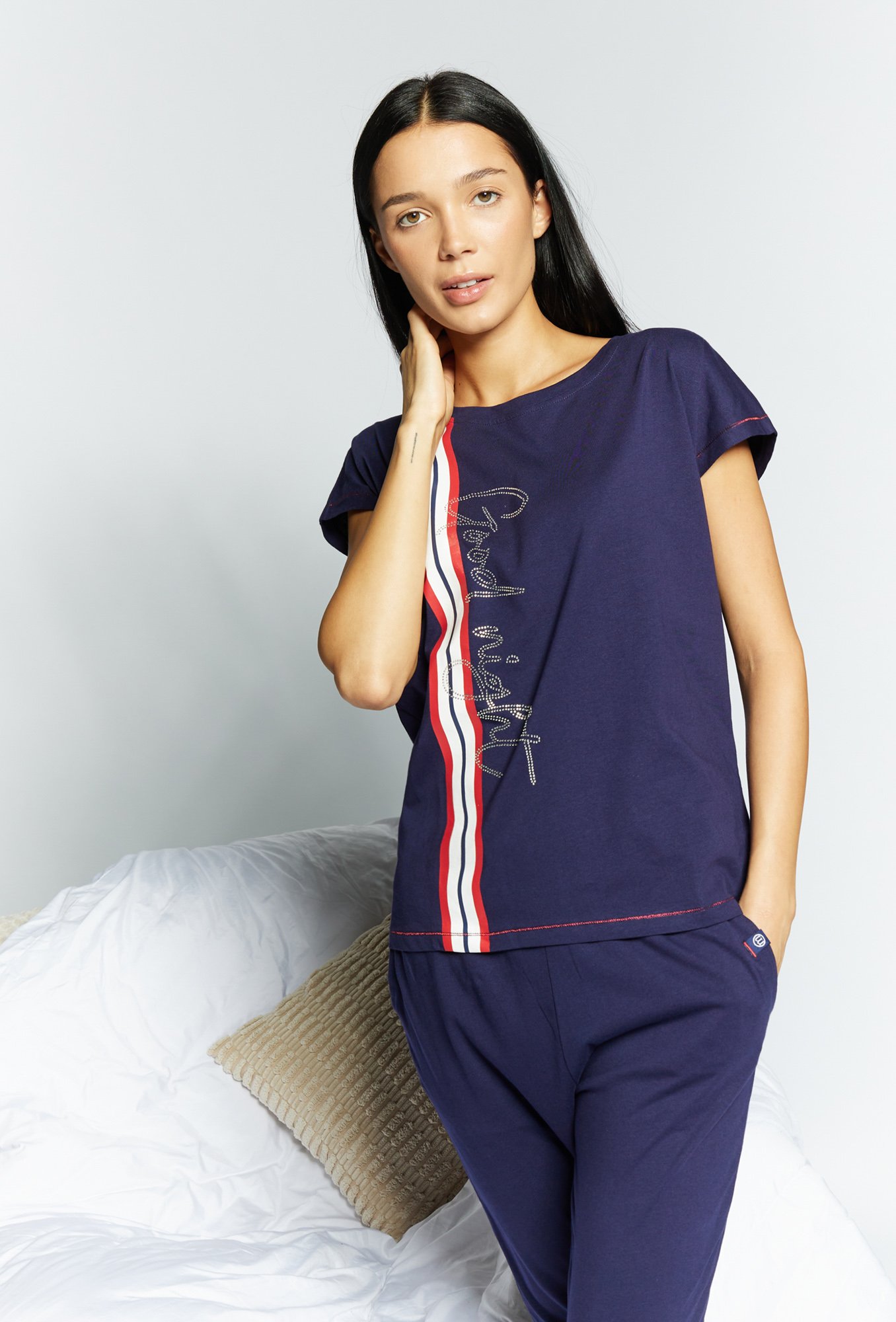 Levně MONNARI Woman's Pyjamas Pajama Top With Rhinestone Inscription Navy Blue