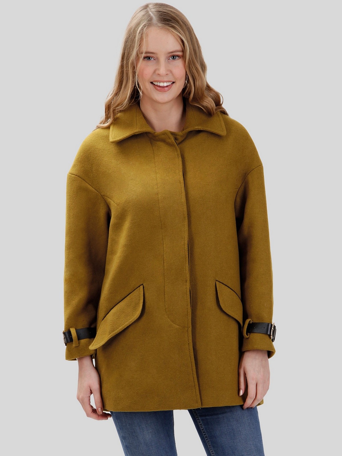 PERSO Woman's Women's wool coat with decorative straps