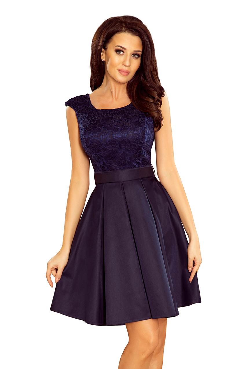 244-2 FLORA dress with a round neckline and lace - NAVY BLUE