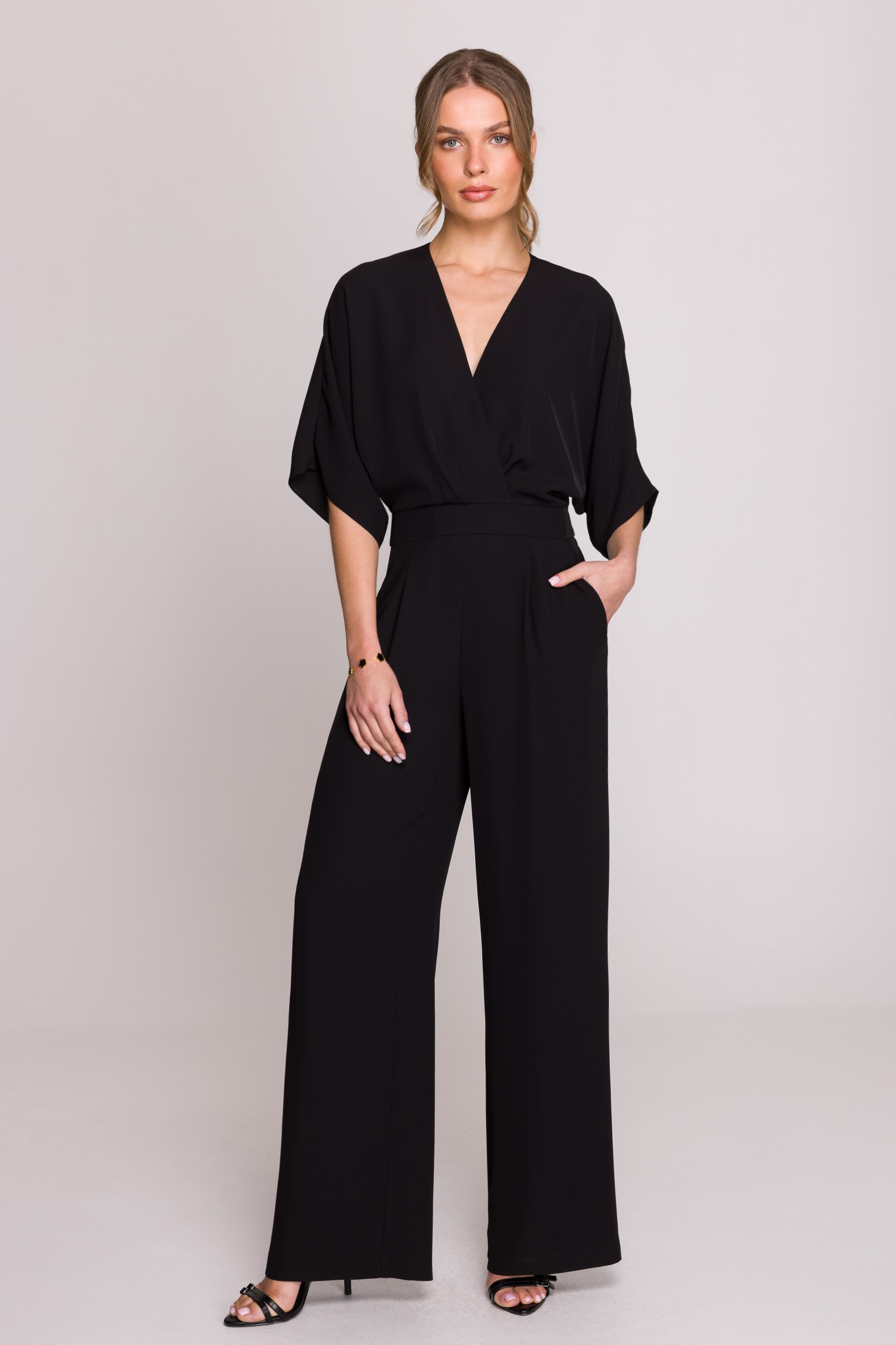 Stylove Woman's Wide leg jumpsuit with wrap neckline - black