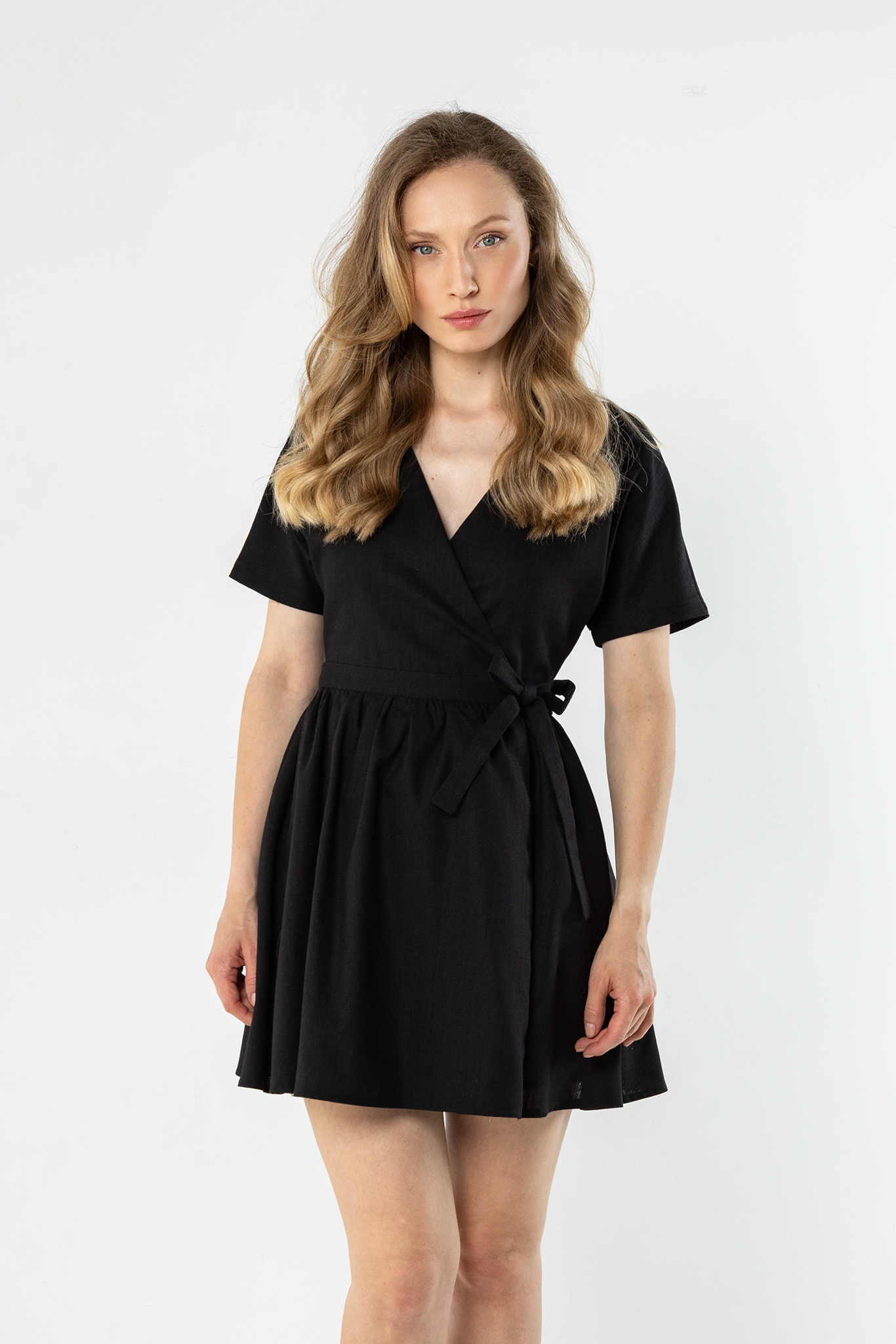 Дамска мини рокля от лен с прегъване