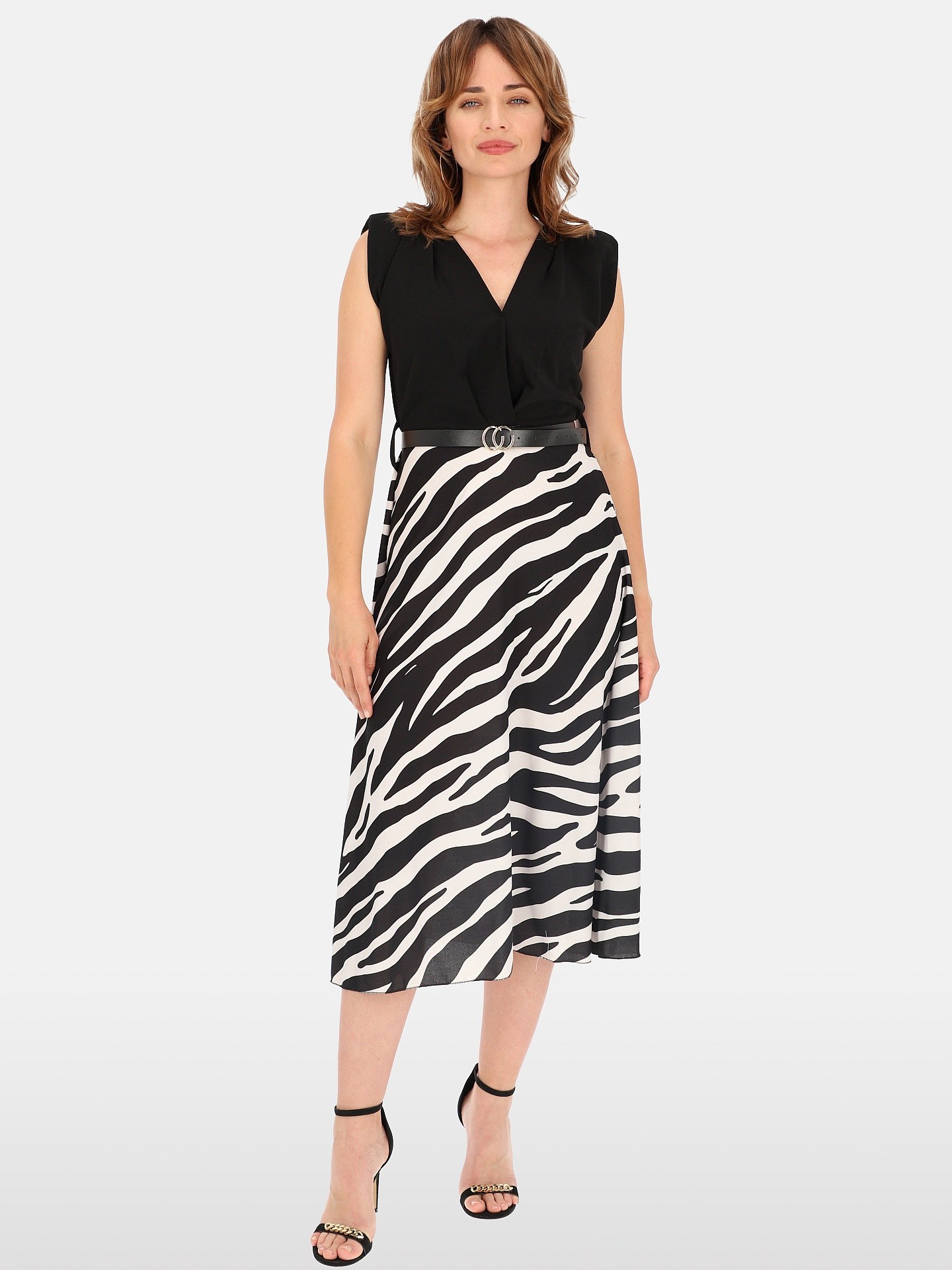 Дамска миди рокля с шарки и колан