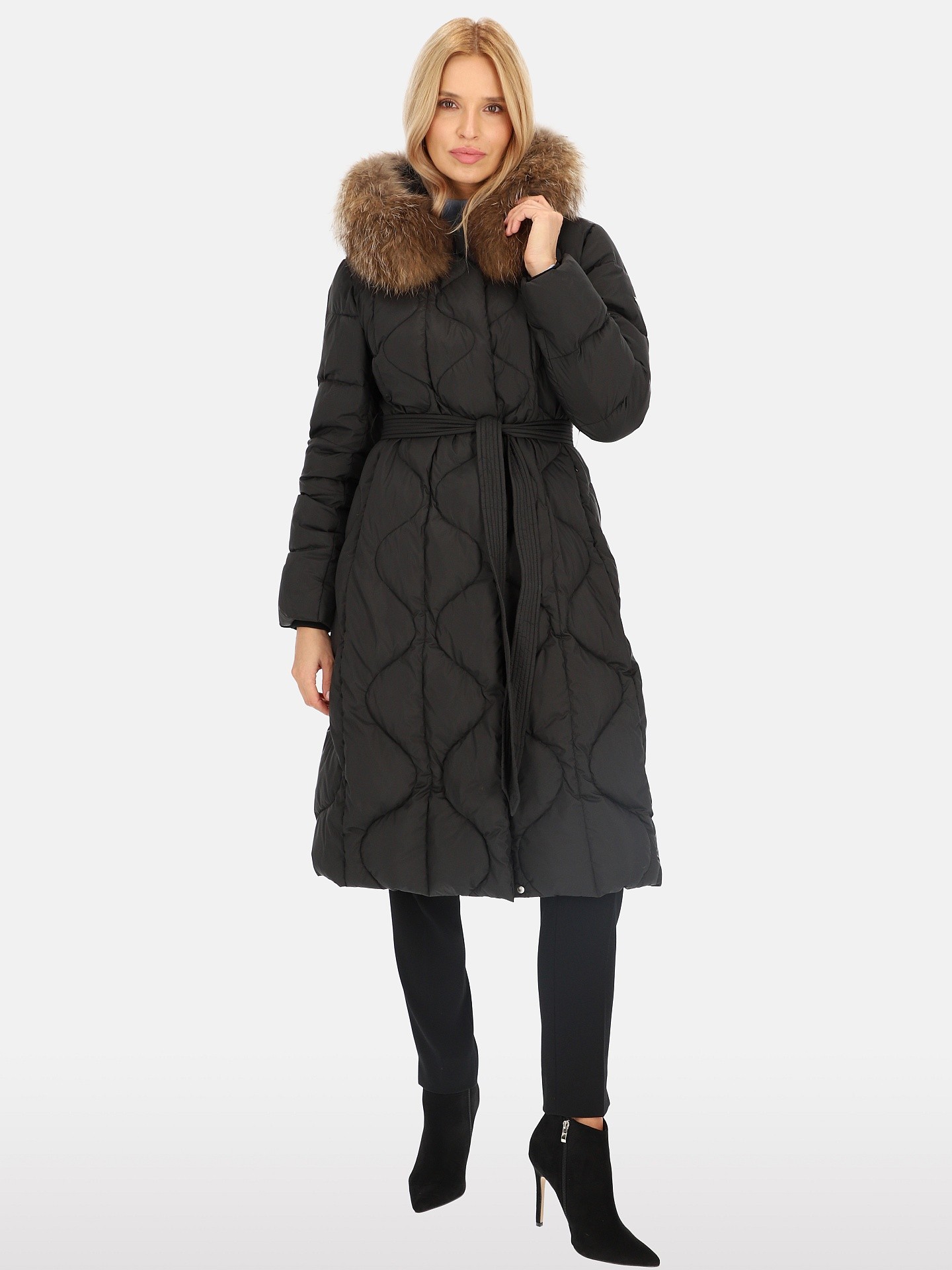PERSO Woman's Women's long tied real down coat with raccoon fur , black color
