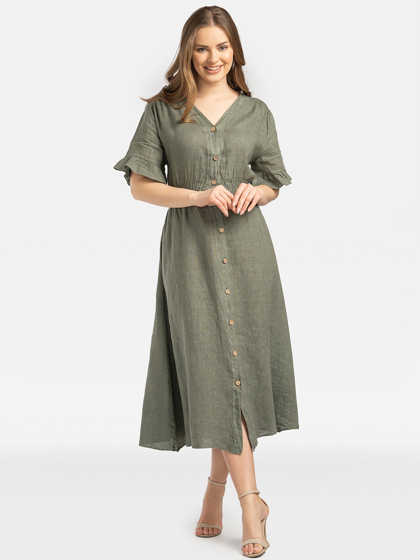 Дамска ленена миди рокля с копчета