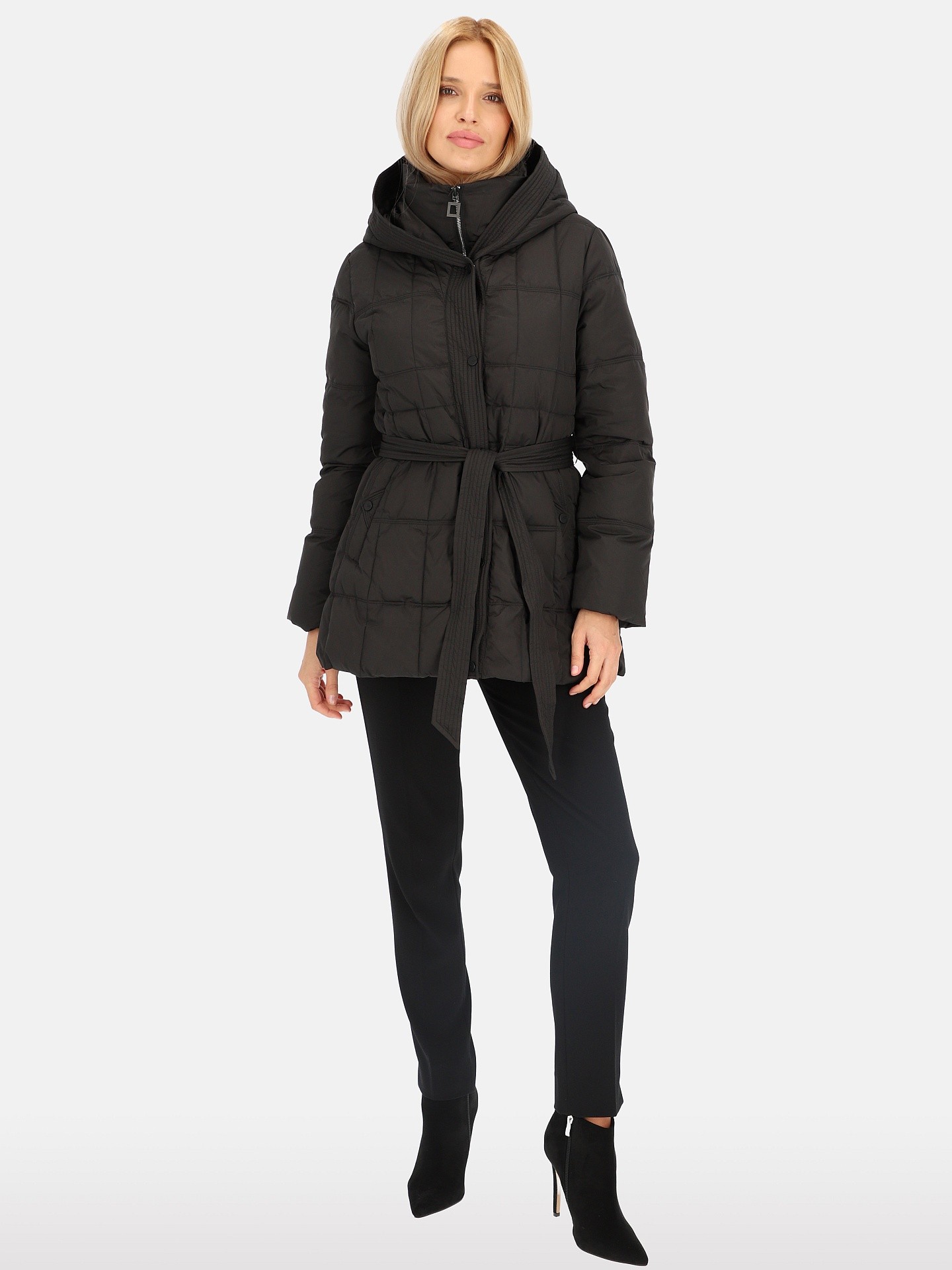 PERSO Woman's Women's short tied real down jacket with a hood , black color