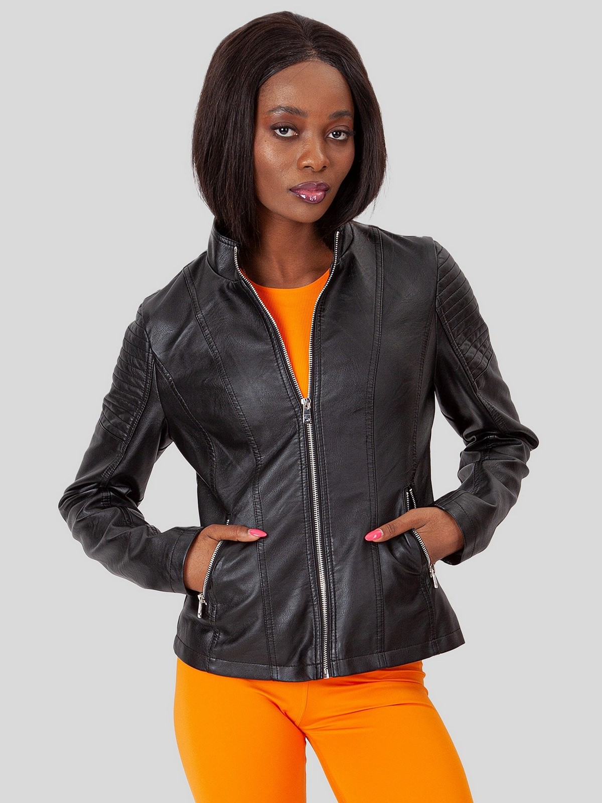 PERSO Woman's Women's eco-leather jacket with a stand-up collar