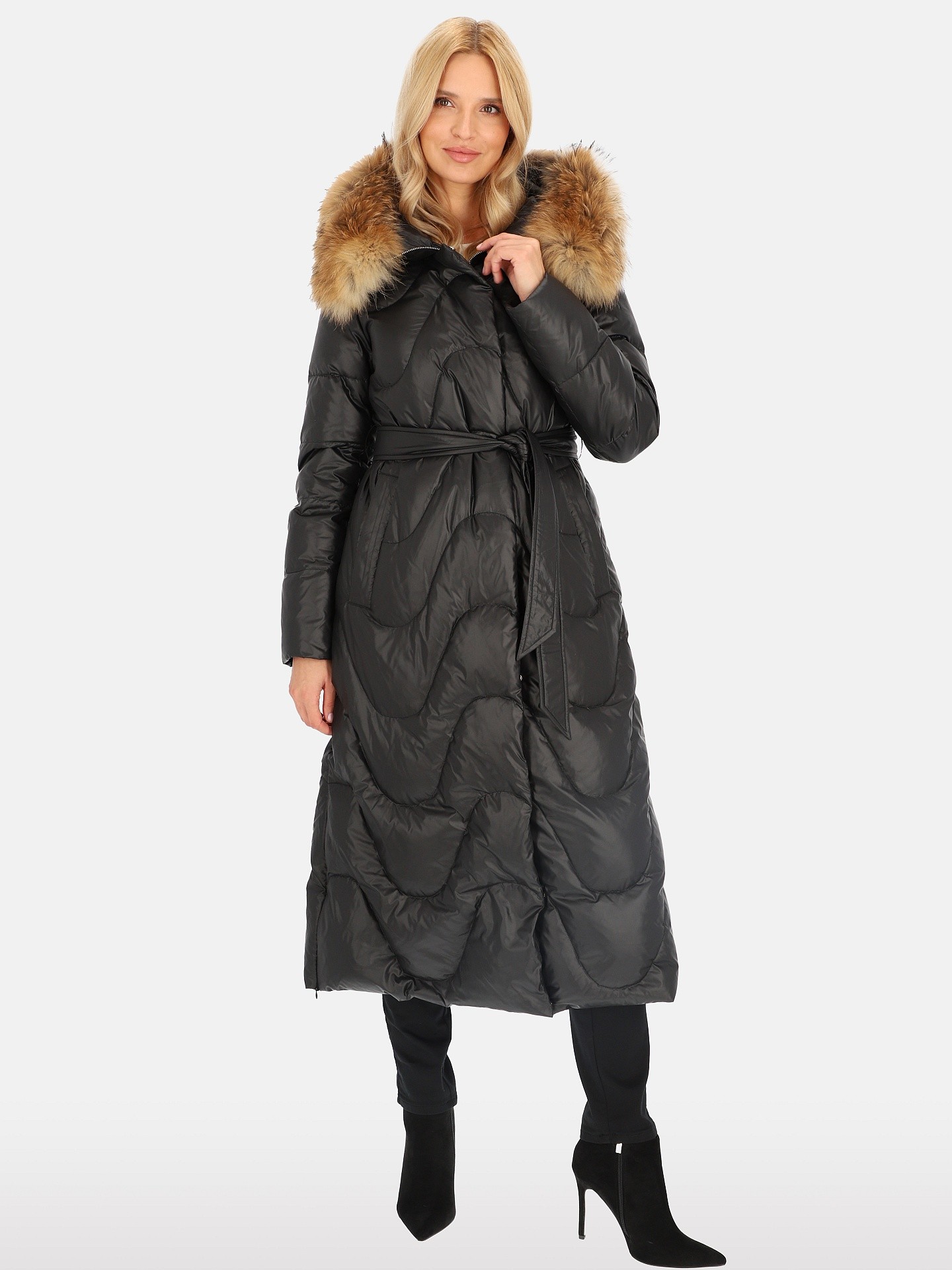 PERSO Woman's Women's real down coat with natural fur,black color