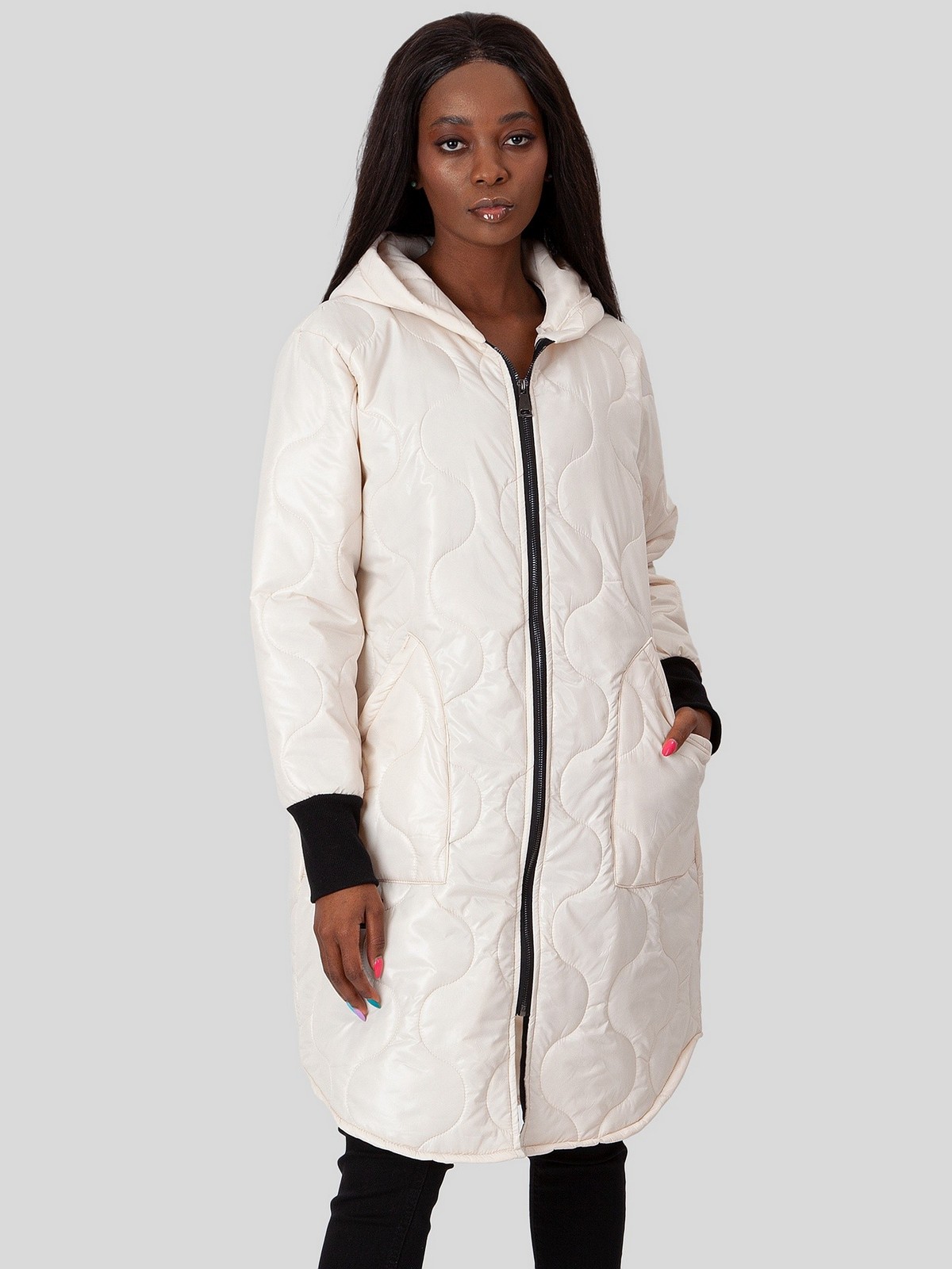 PERSO Woman's Women's long transitional jacket with a hood