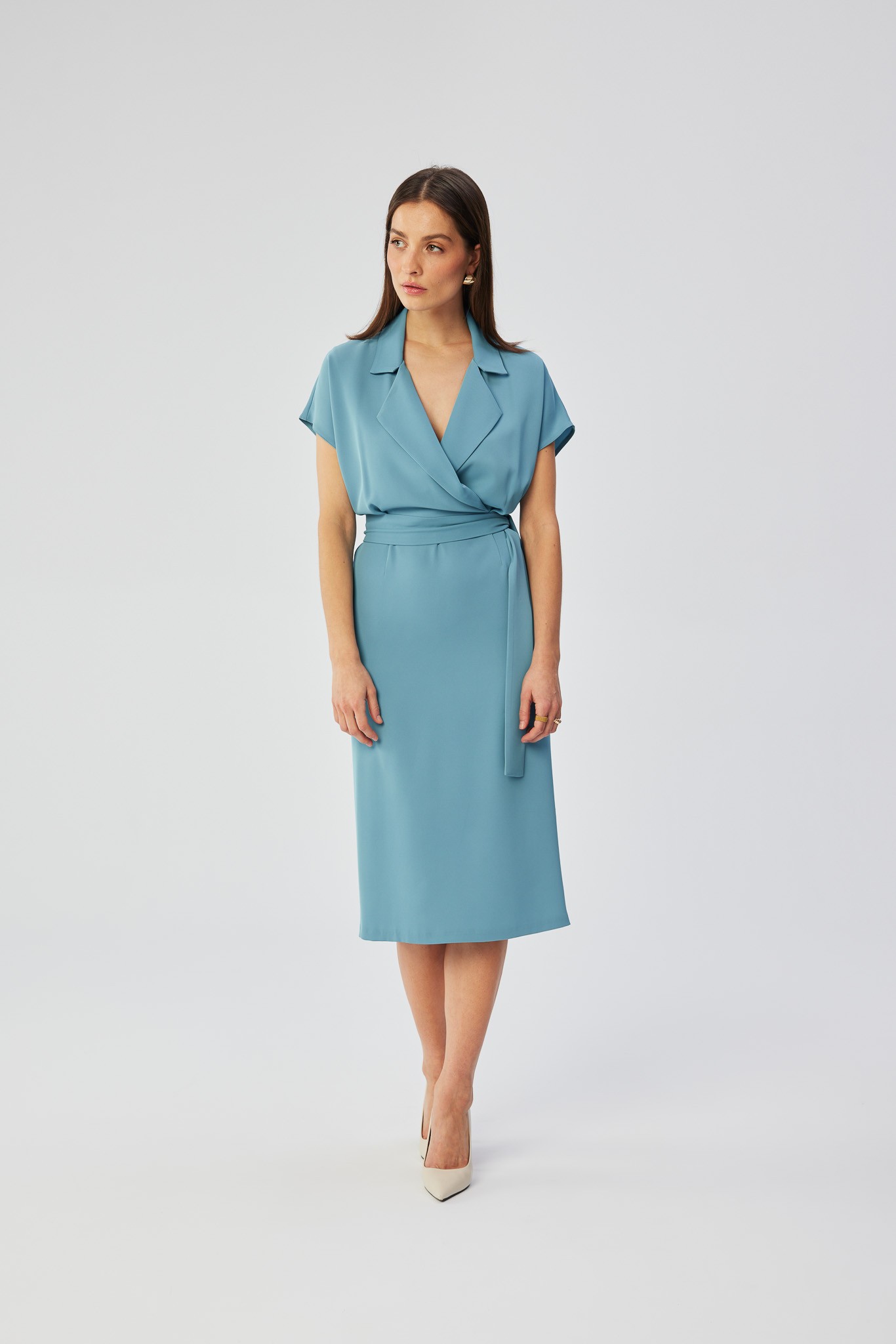 Stylove Woman's Shirt dress with a tie belt - sky blue