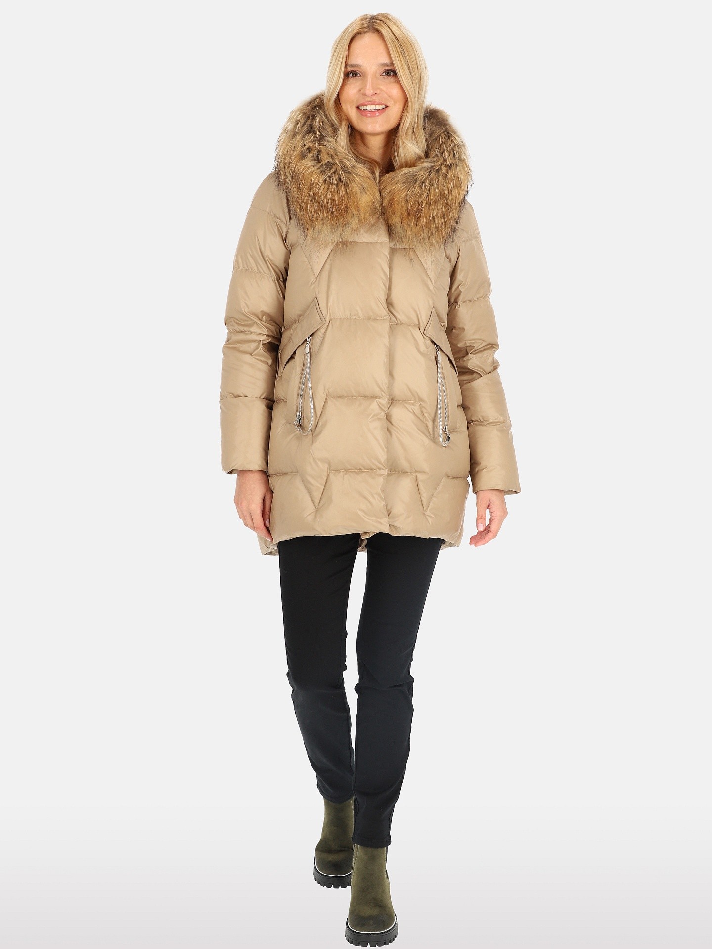 PERSO Woman's Women's ¾ length real down jacket with natural raccoon fur , beige color