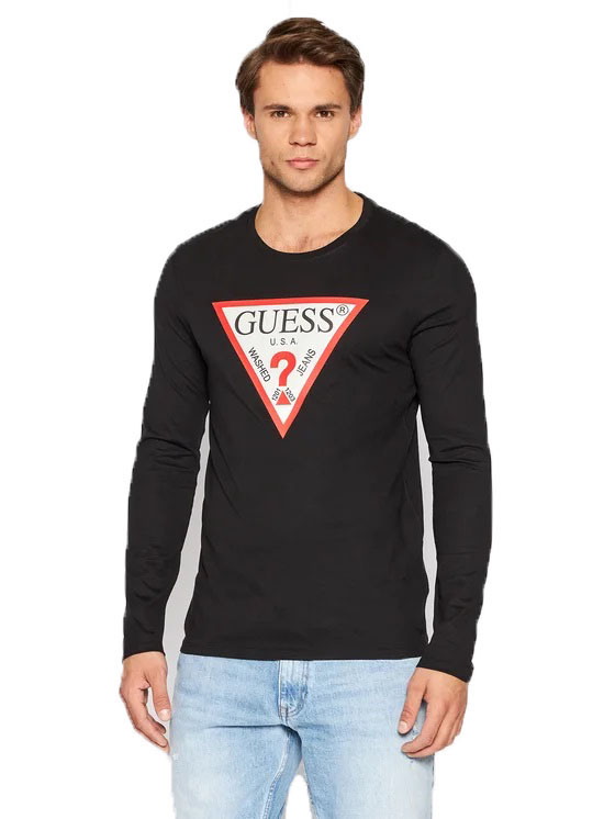 Levně Černé pánské tričko s dlouhým rukávem Guess - Pánské