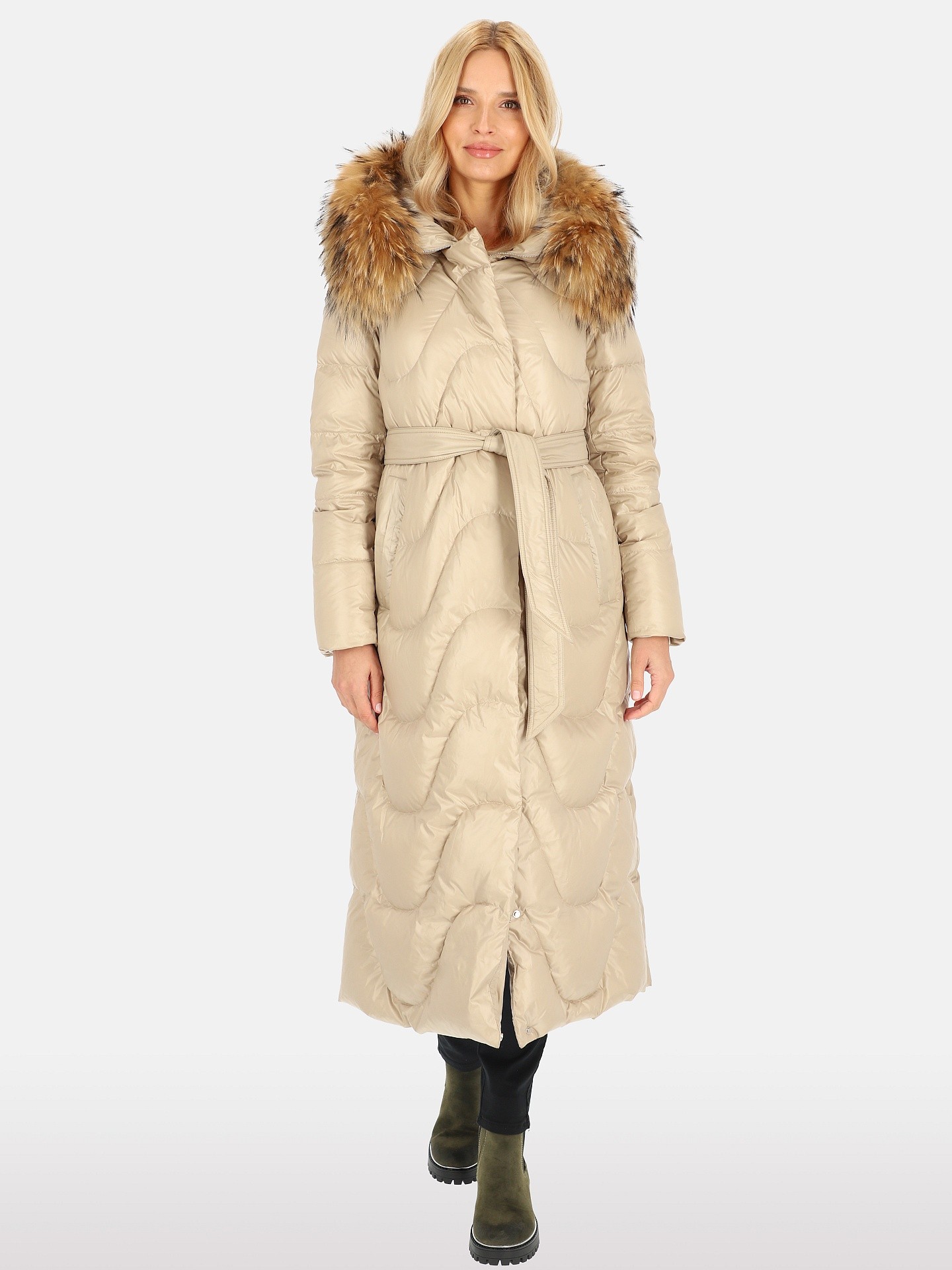 PERSO Woman's Women's real down coat with natural fur,beige color