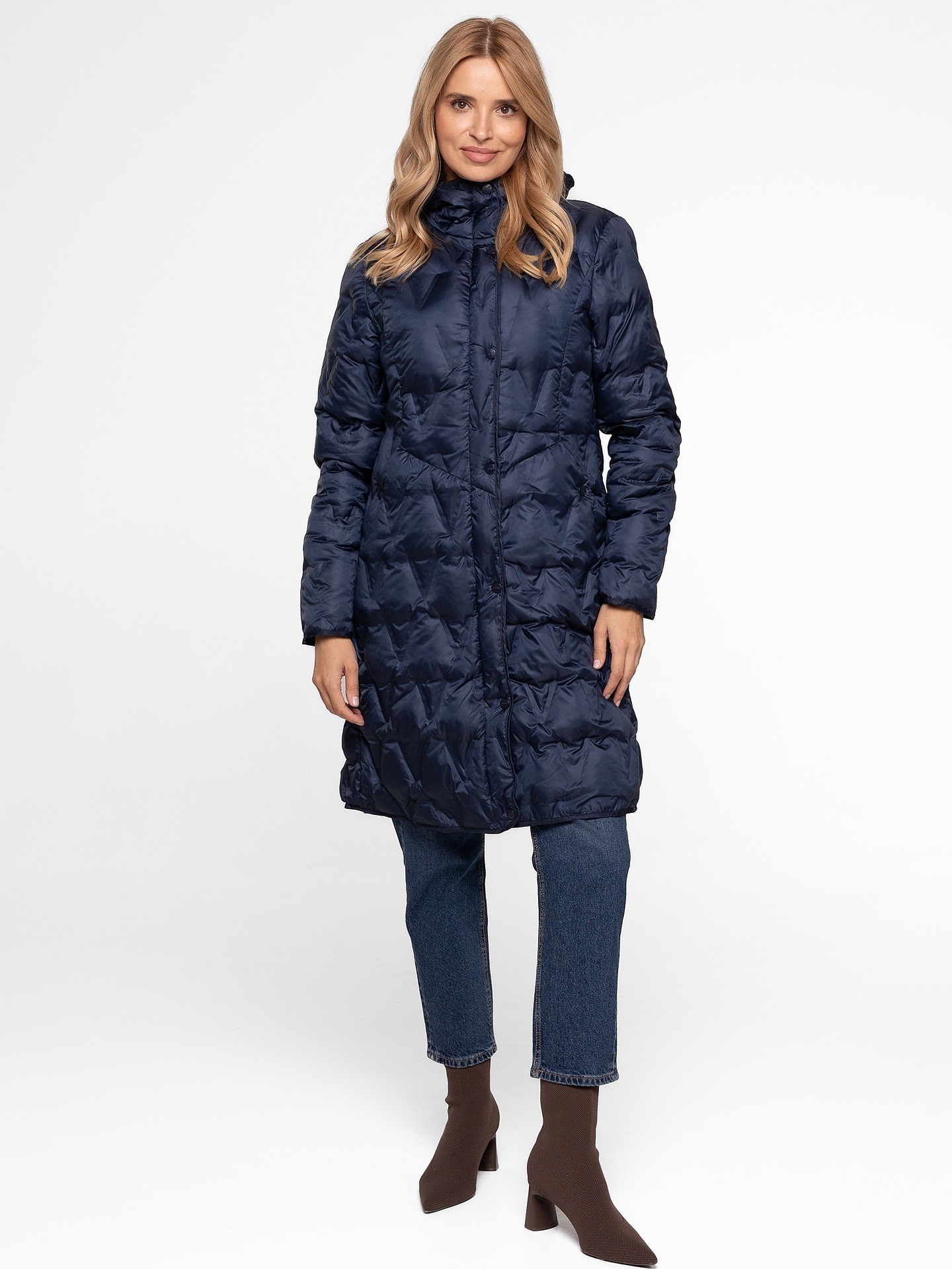 Дамско ватирано изолирано яке с качулка, тъмносиньо