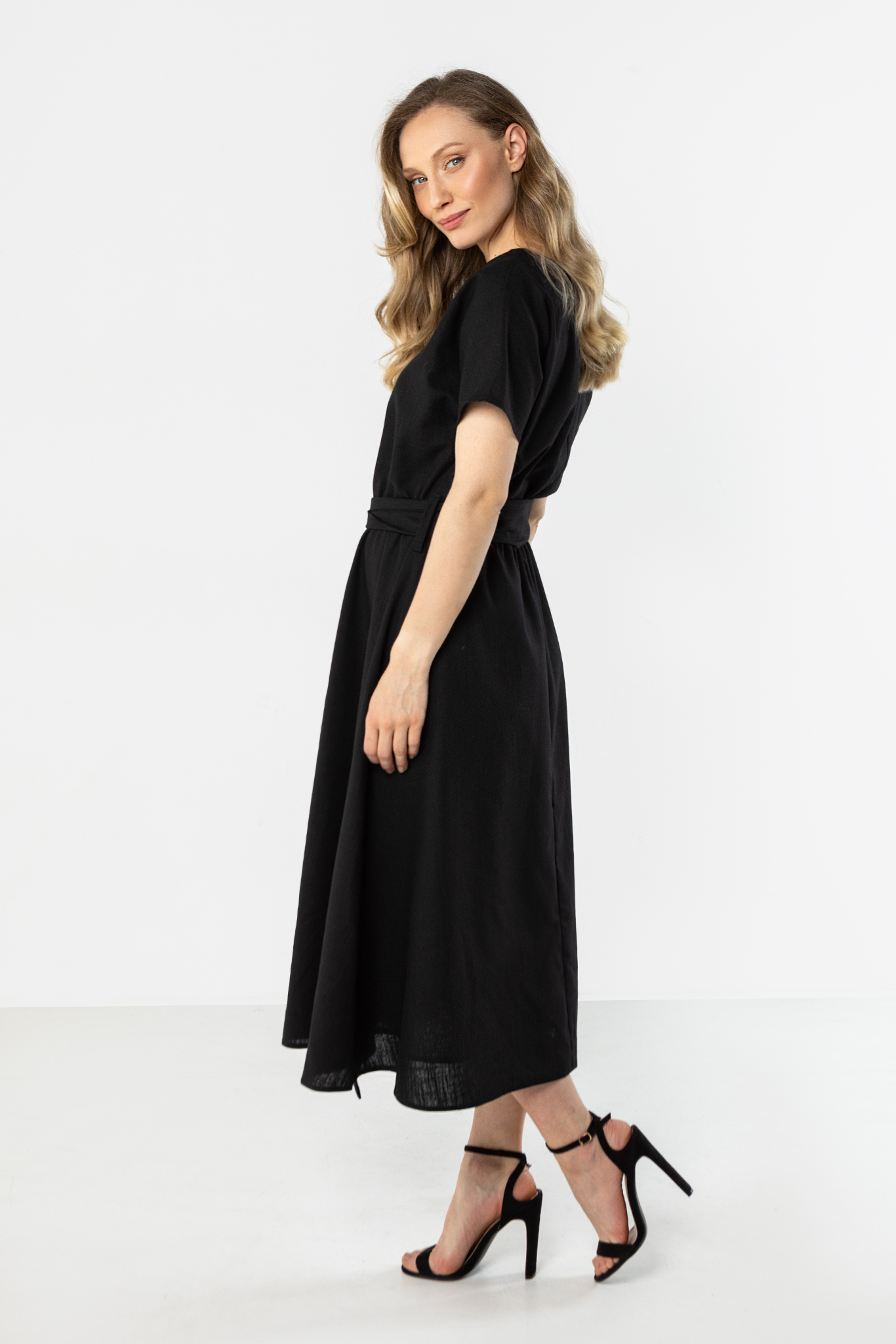 Linen Midi Šaty s viazaním v páse
