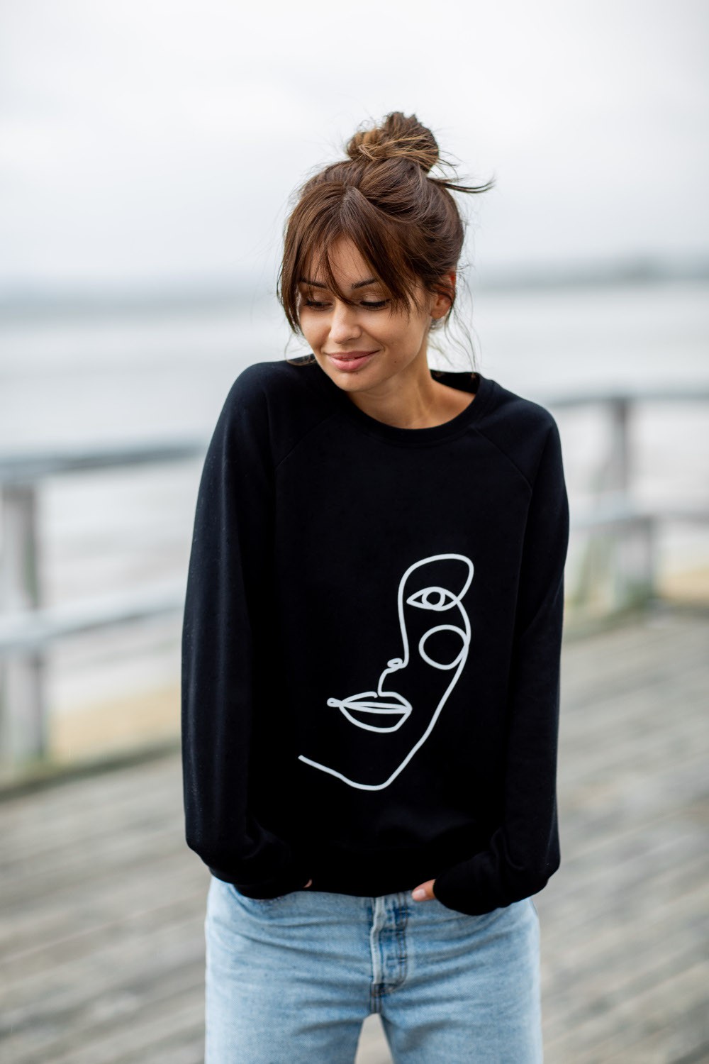 BeWear Woman's Pullover top with a print in the front - black