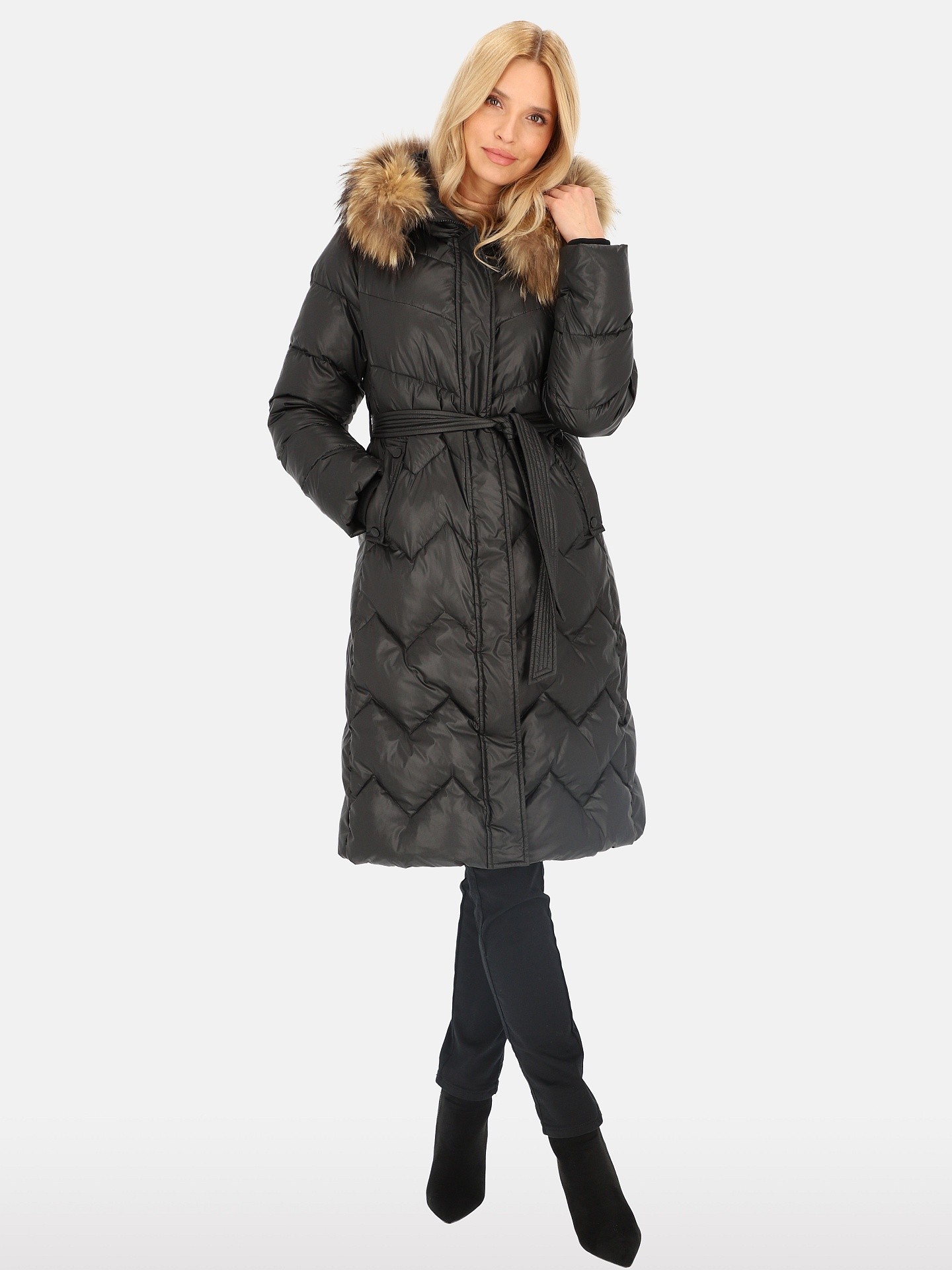 PERSO Woman's Knee-length women's real down coat with raccoon fur, black color