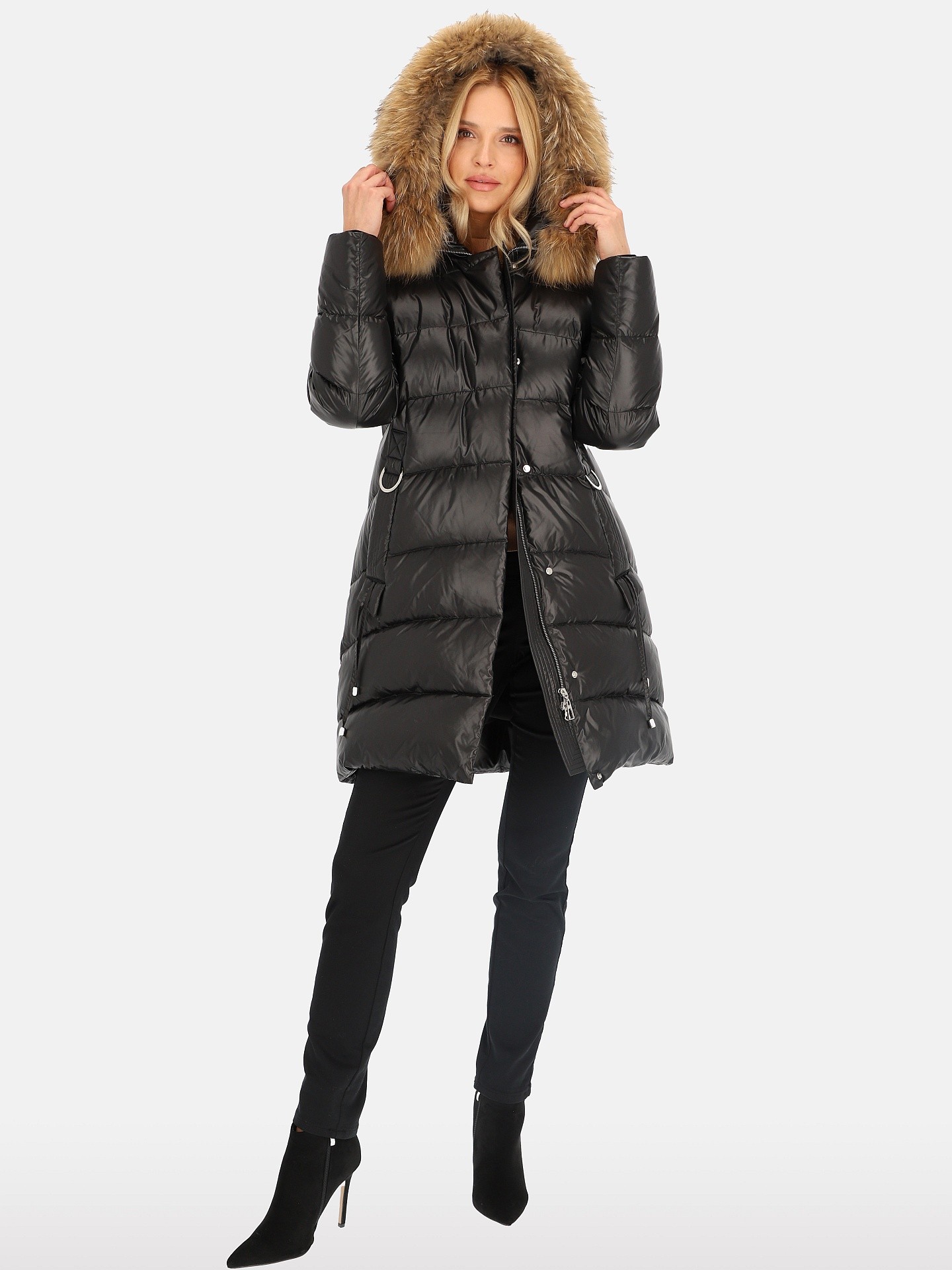PERSO Woman's Women's long quilted jacket with natural raccoon fur,black color