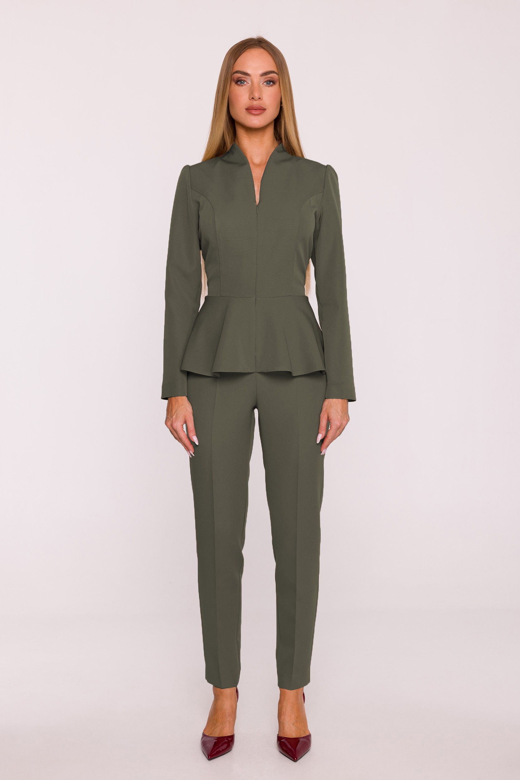 Dámsky overal s peplum a dlhými rukávmi - khaki