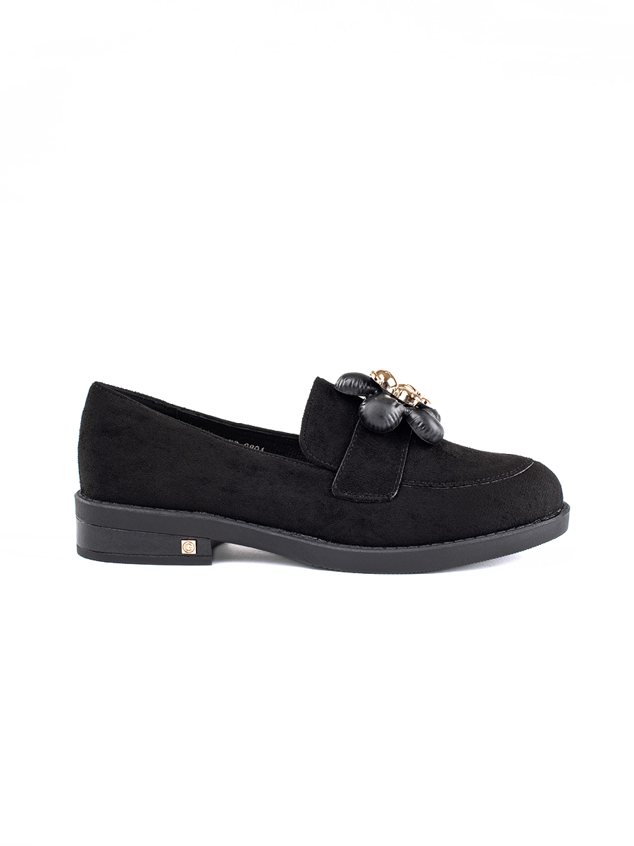 Shelvt Black suede womens loafers with teddy bear