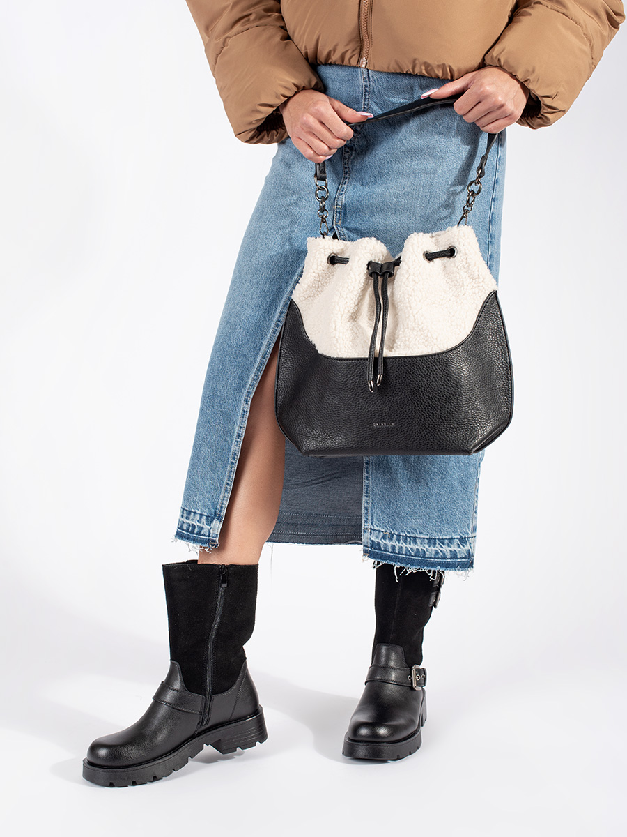 Shelvt Black womens handbag with lamb fur