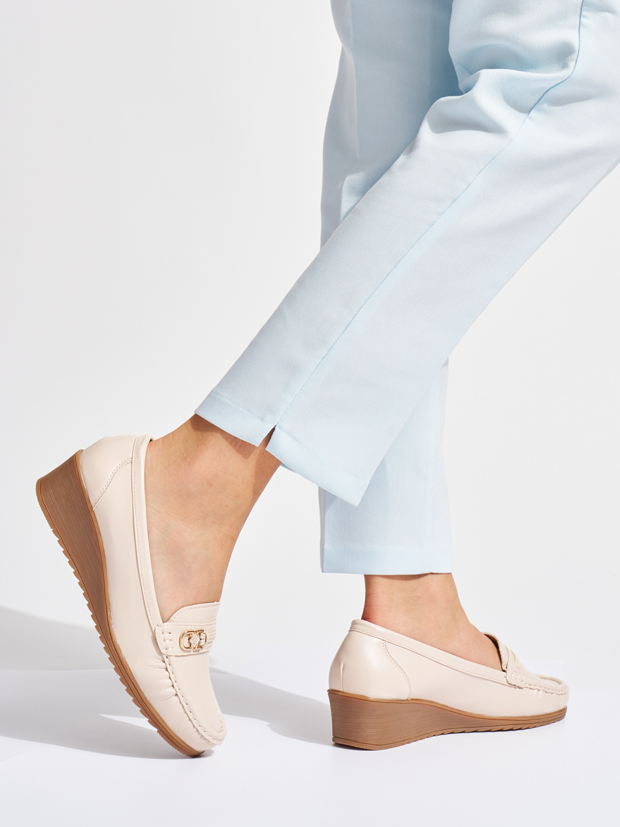 Shelvt Beige womens loafers with buckle