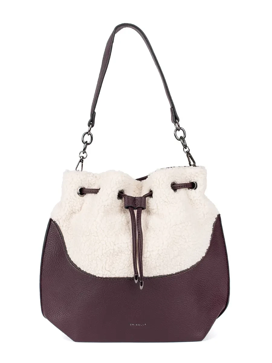 Shelvt Dark brown women's handbag with lamb fur