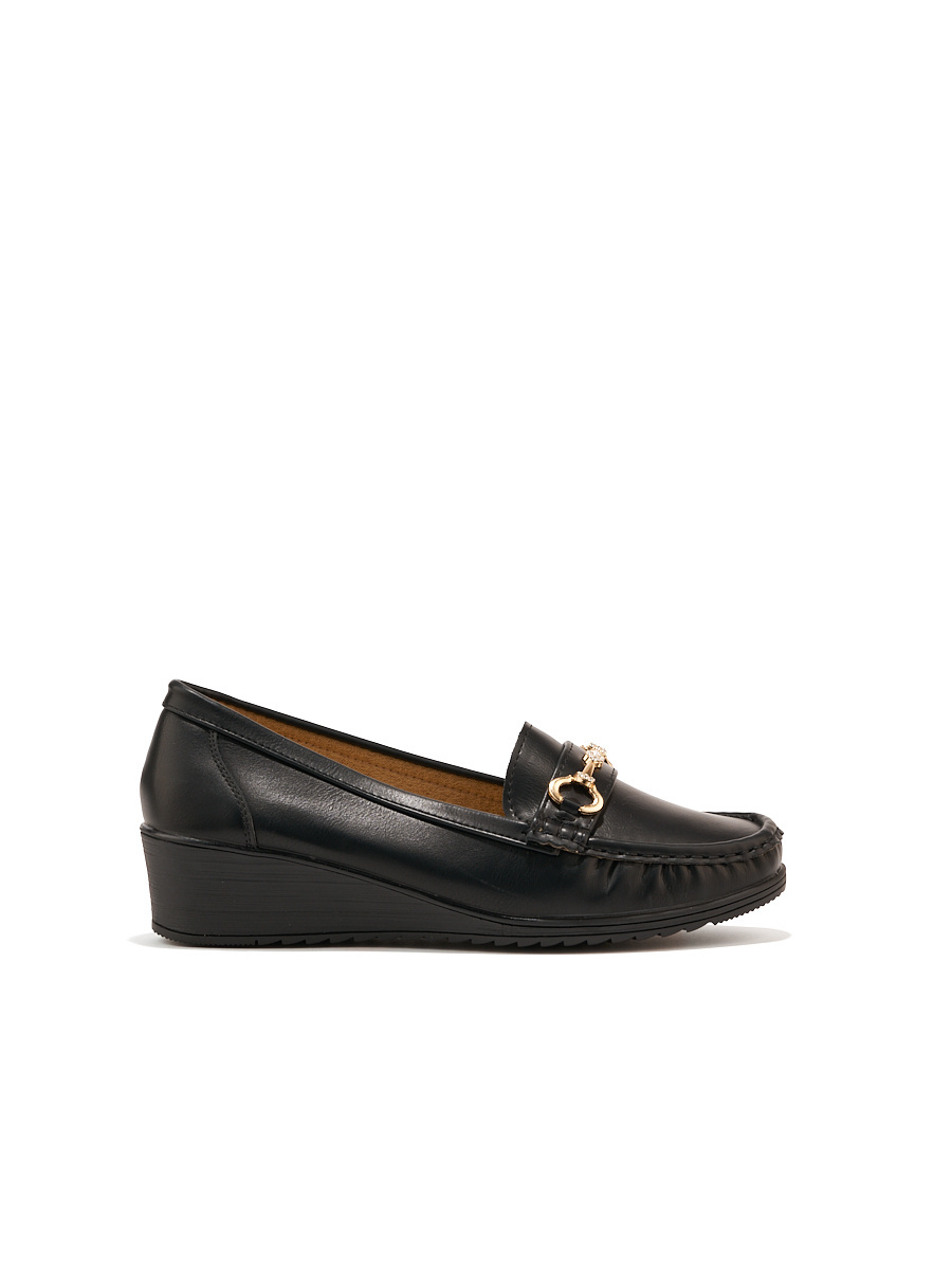 Shelvt Black womens wedge loafers with gold decoration