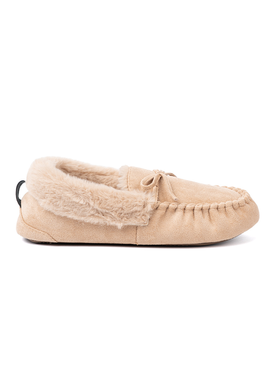 Shelvt Warm beige loafer slippers with a bow