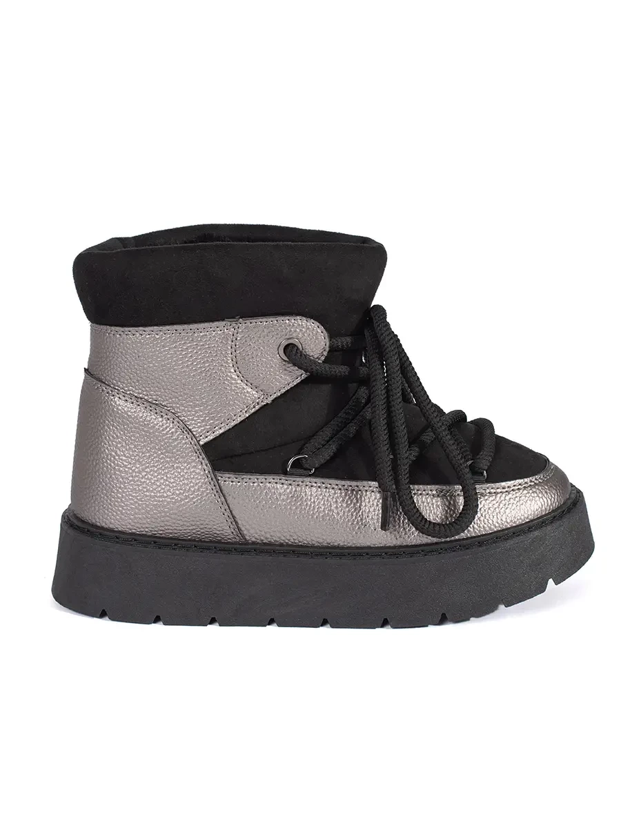 Shelvt Black and silver lace-up womens snow boots with a thick sole