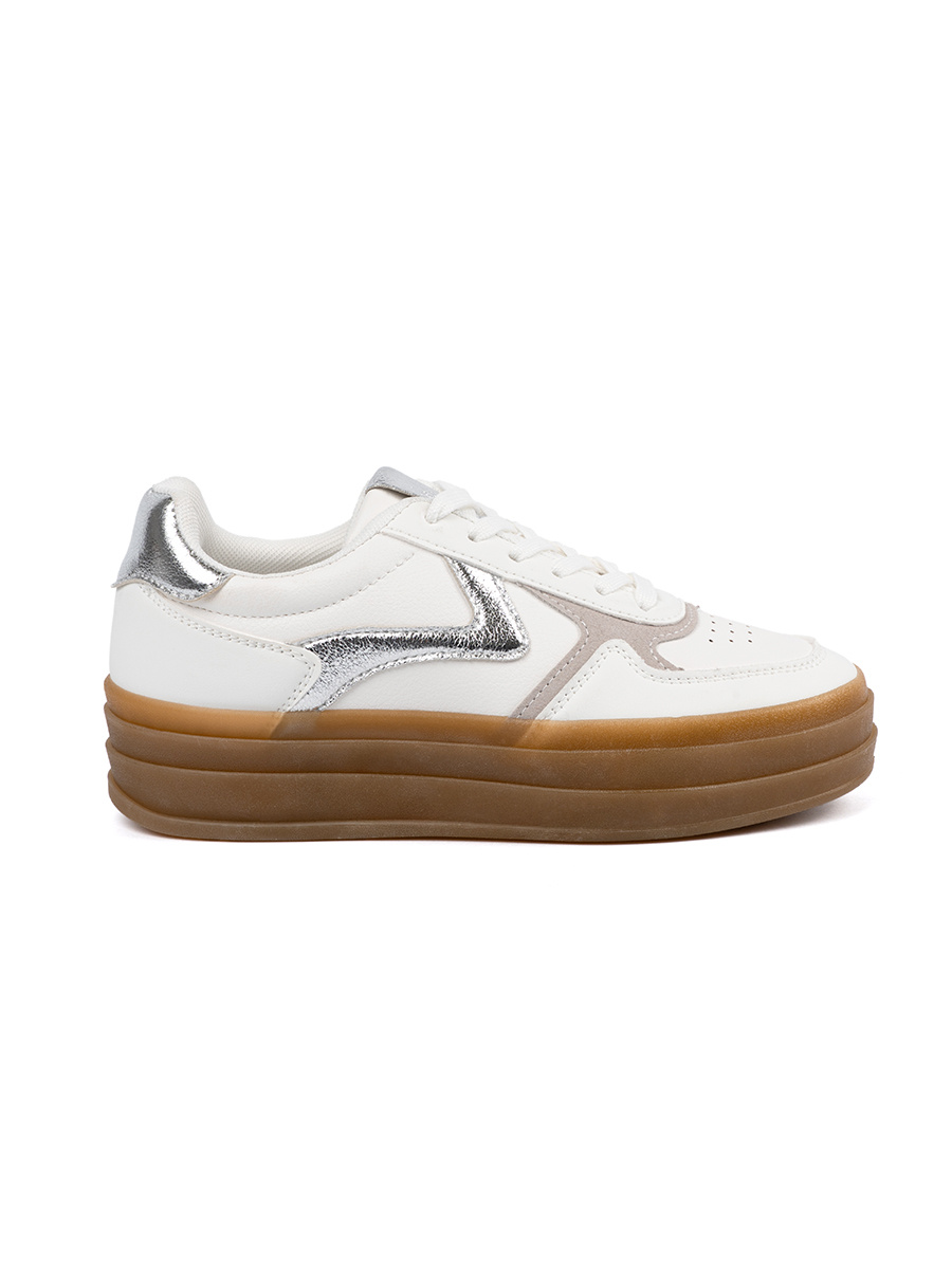 Shelvt Womens white sneakers with silver inserts
