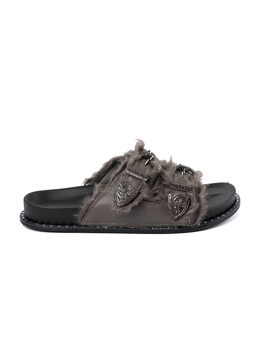 Shelvt Gray flip-flops with fur and studs
