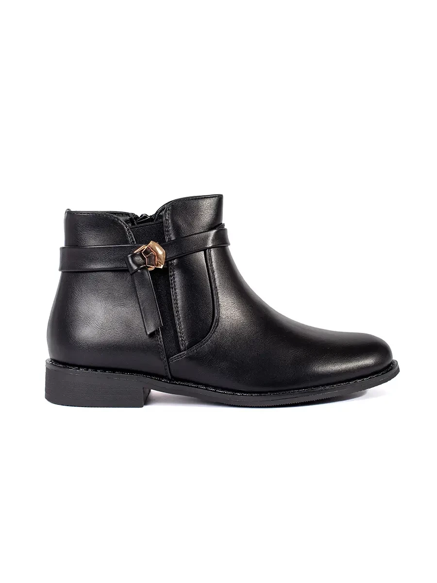 Shelvt Womens black ankle boots with a low-heeled belt