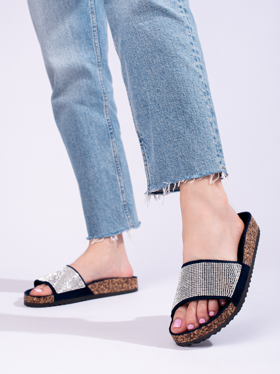 Slippers on the cork with rhinestones navy Shelvt