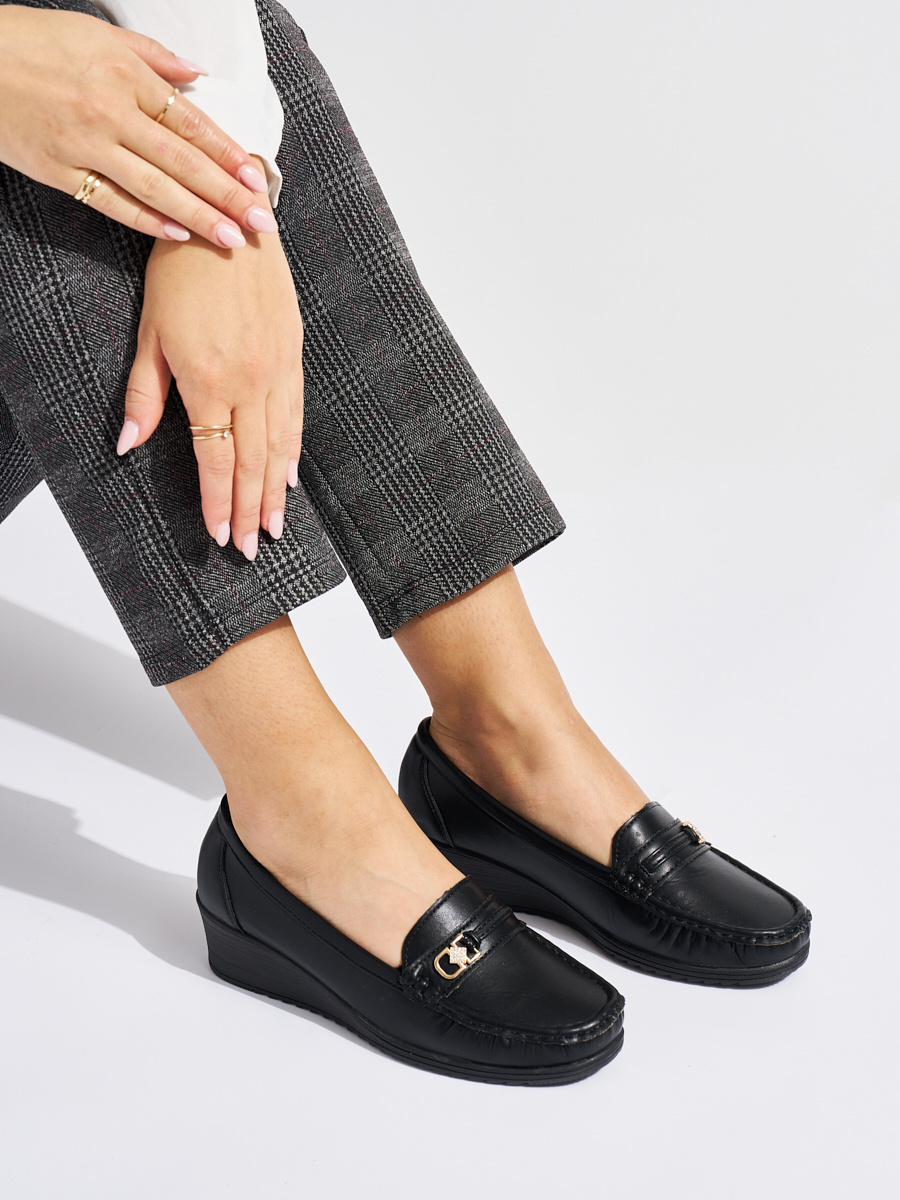 Shelvt Black womens loafers with buckle
