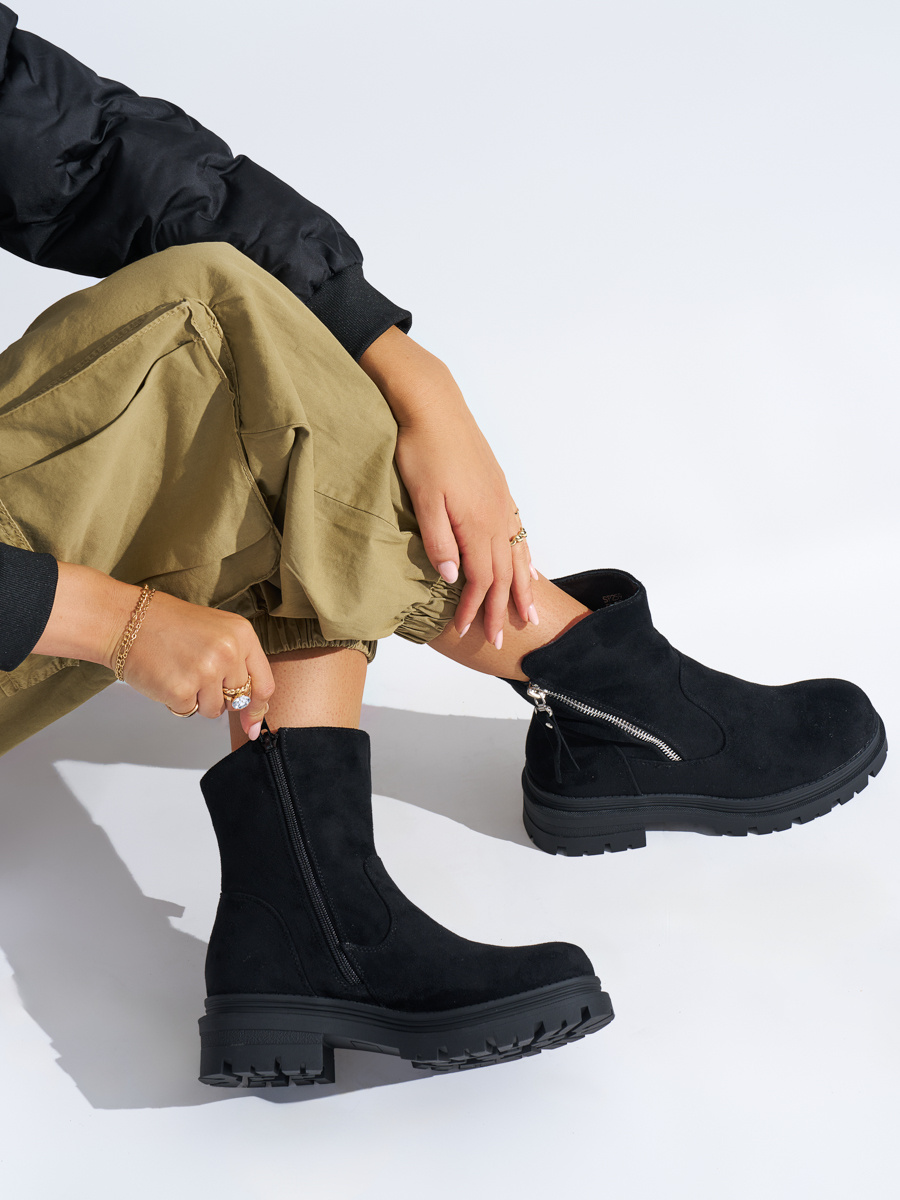 Shelvt Womens black ankle boots with a decorative zipper