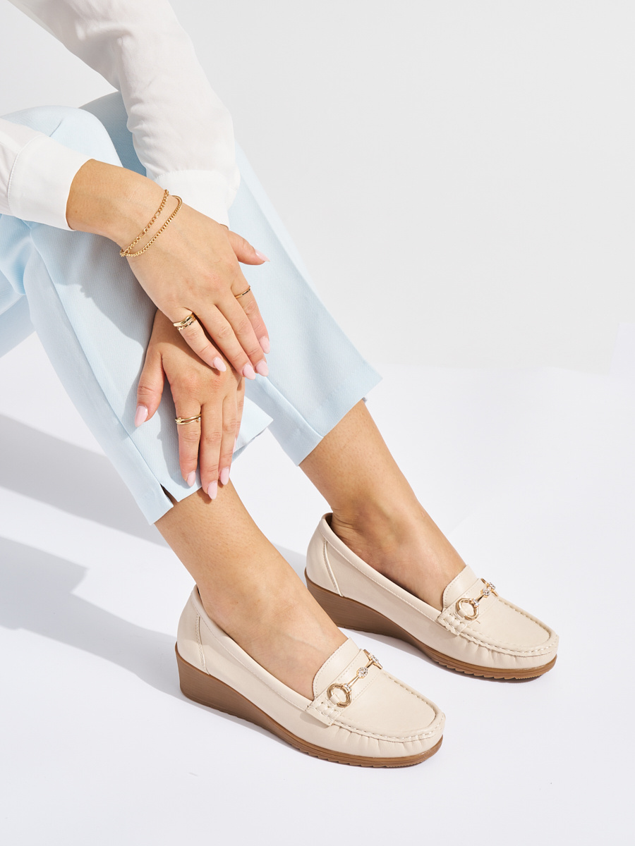 Shelvt Beige womens wedge loafers with gold decoration