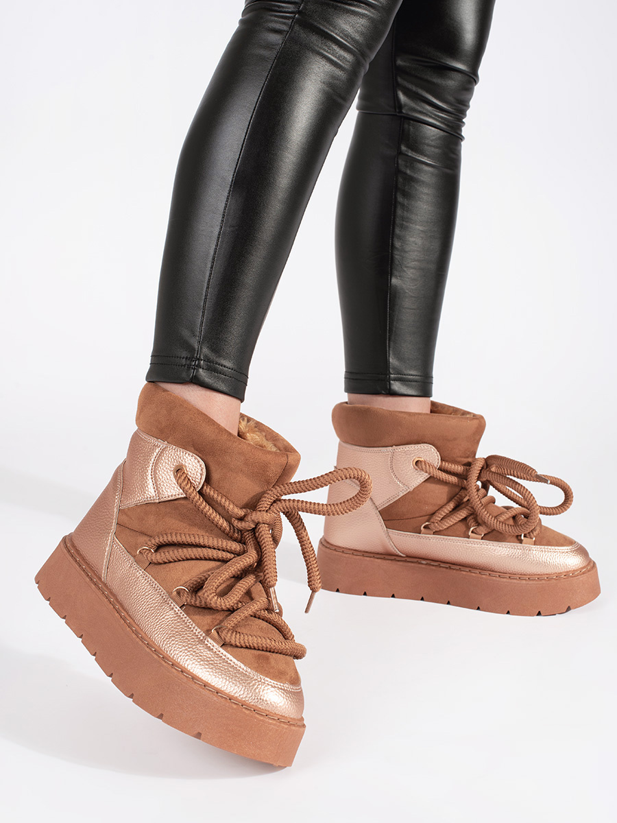 Shelvt Brown lace-up womens snow boots with a thick sole