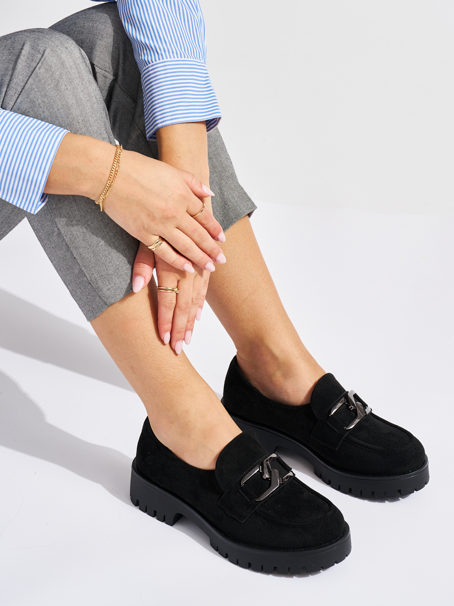 Shelvt Womens suede black loafers