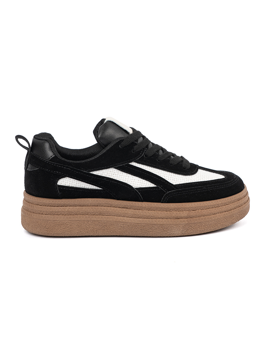 Shelvt Black womens sneakers with white inserts.