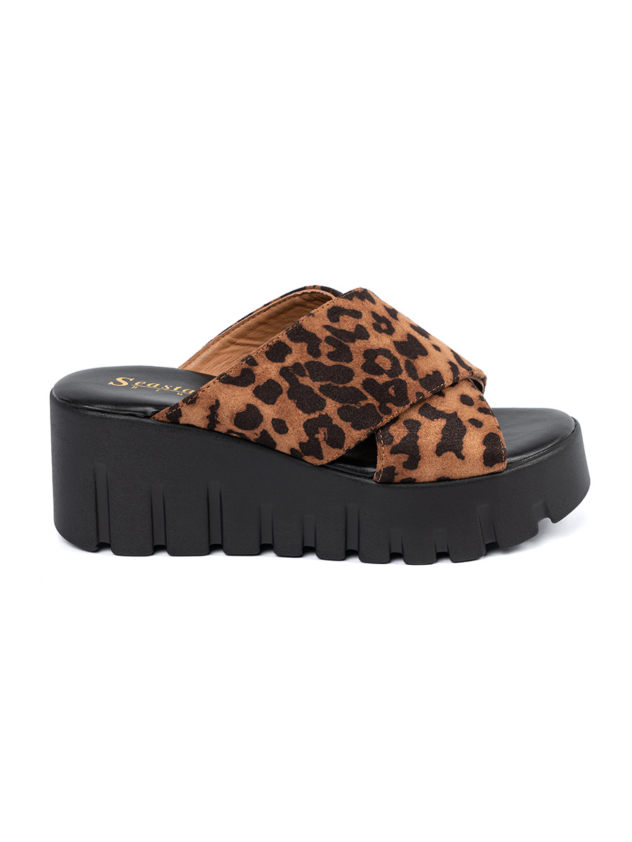 SEASTAR Womens suede slippers on leopard print wedges