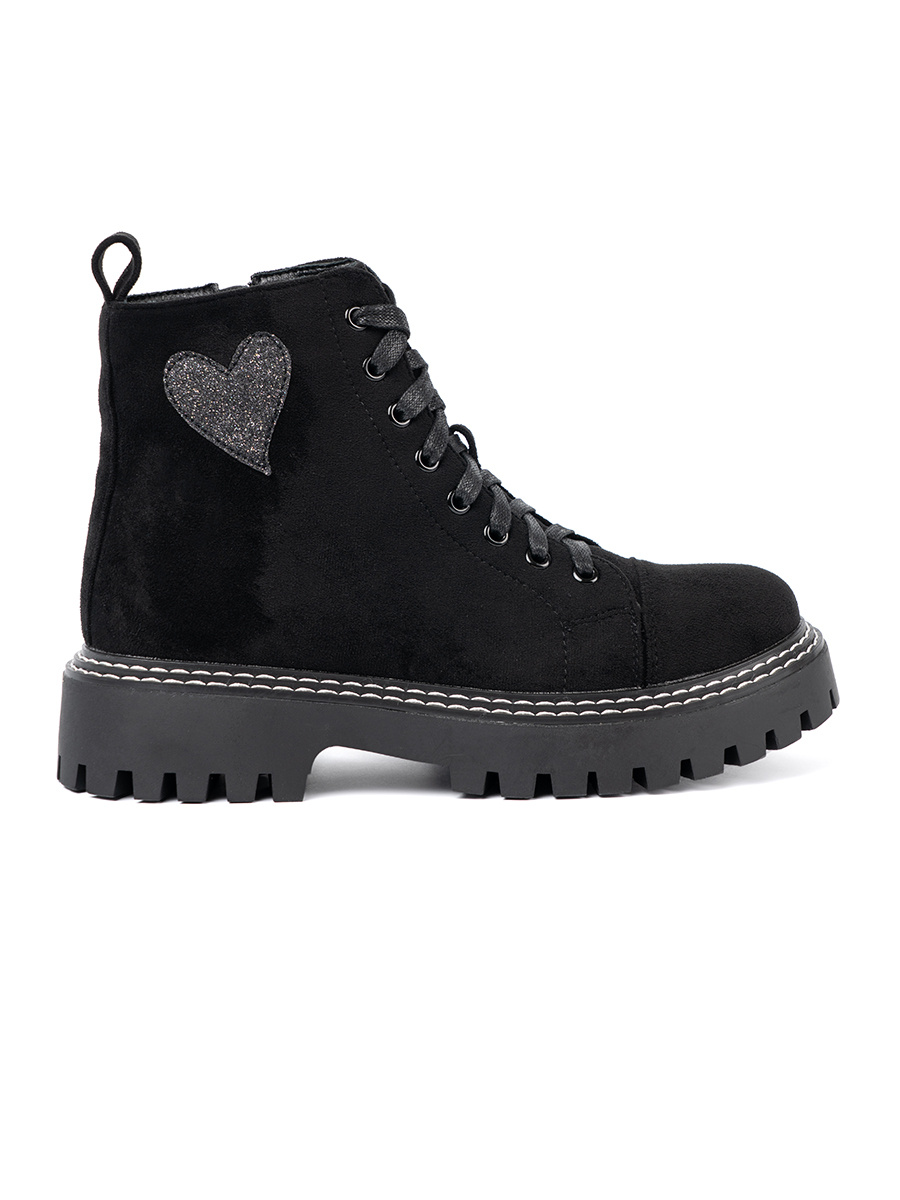 Shelvt Black lace-up ankle boots with a sparkling heart