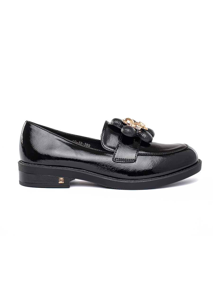 Shelvt Black patent leather womens loafers with teddy bear