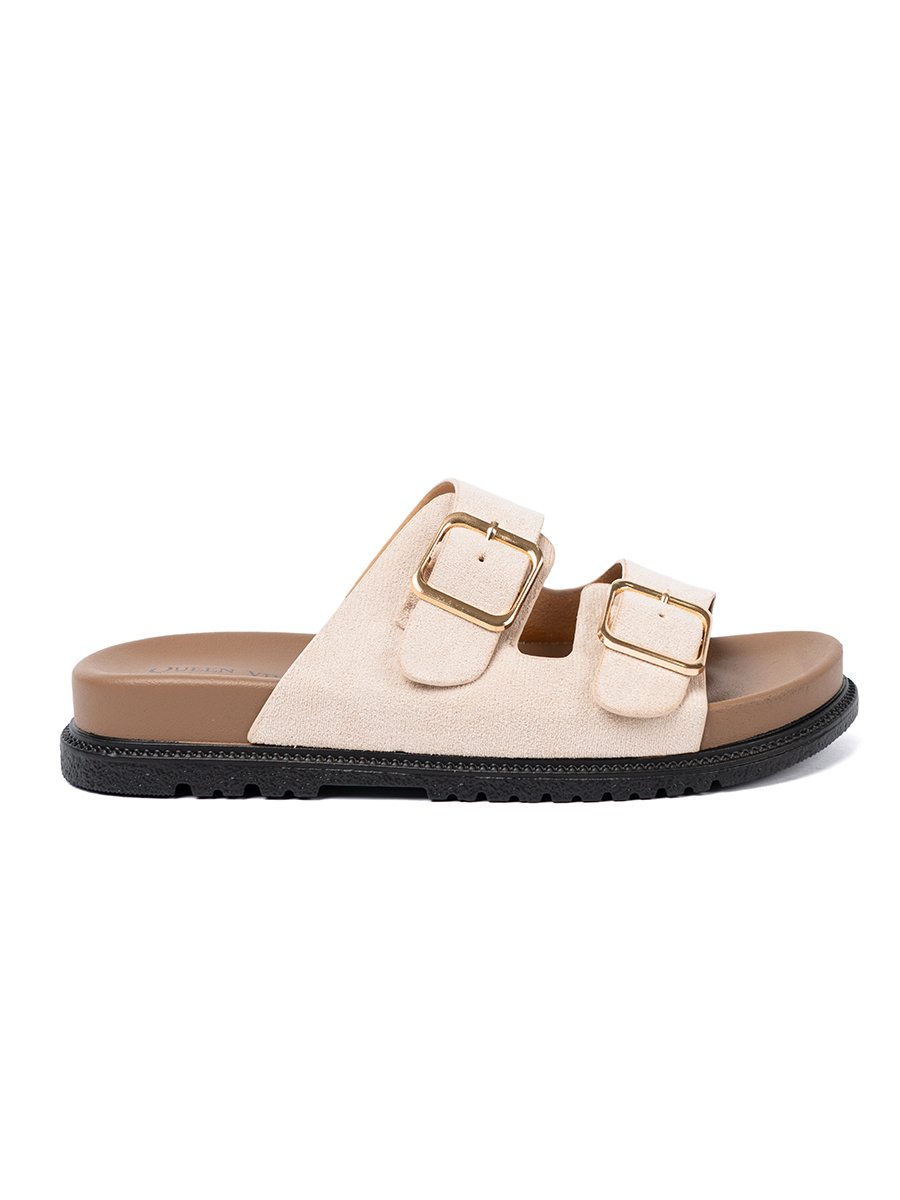 Shelvt Stylish light beige flip-flops with suede trim