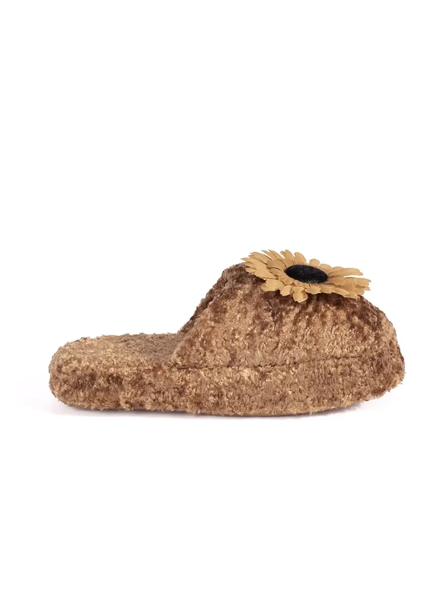 Shelvt Brown children's slippers with a decorative flower